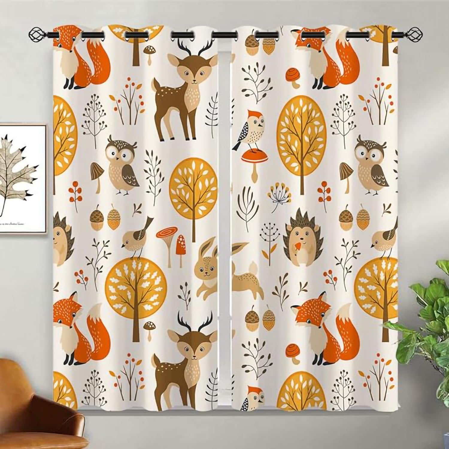 Rideau Occultant Forêt Renard 234x230cm Animaux de la Jungle Opaque à Oeillets 3D Imprimé