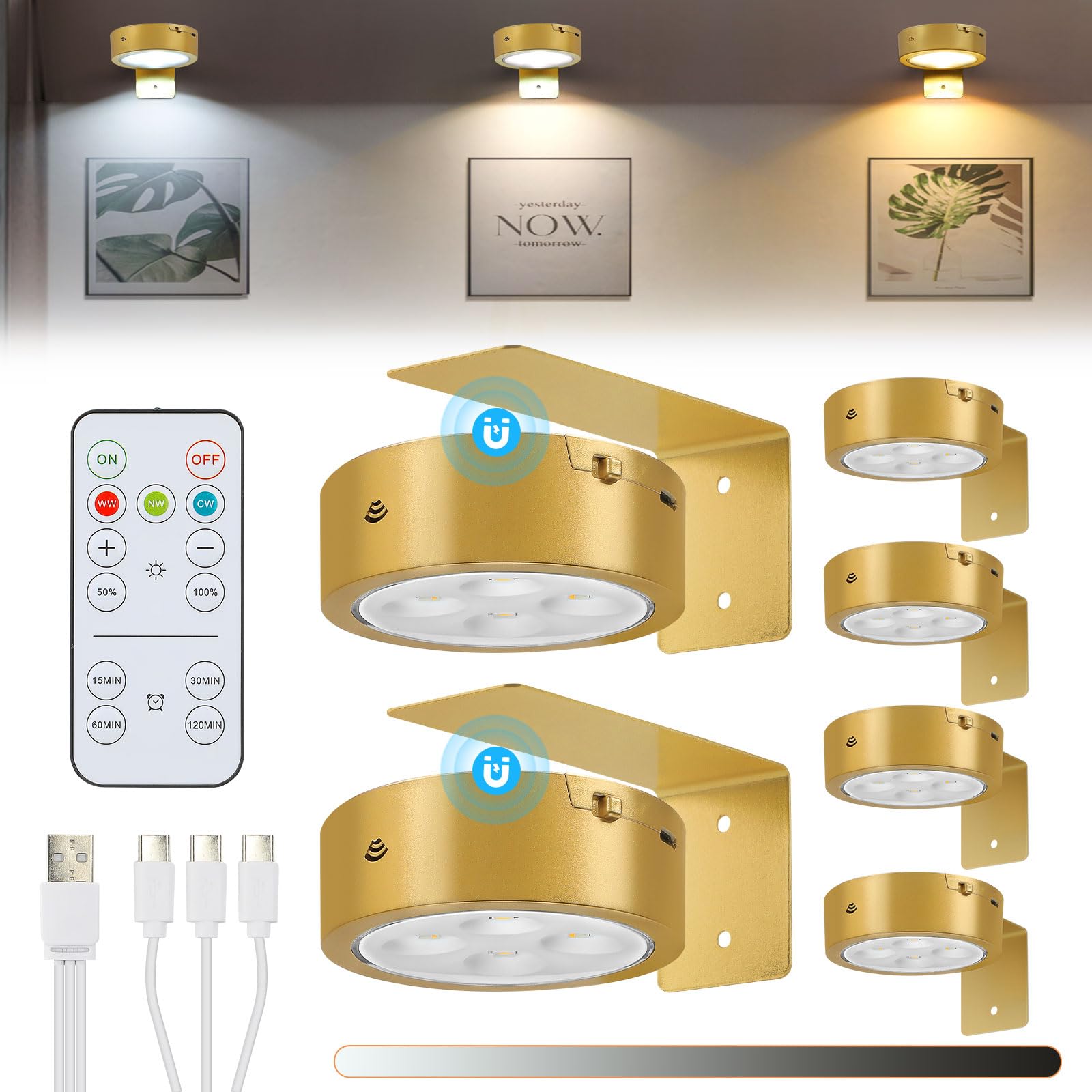 Photo 1 of Glighone 6Pcs Rechargeable Picture Lights,Battery Operated Wall Lights for Pictures with Remote Dimmable and Timer, 3 Lighting Modes Wireless Art Display Light for Picture Frame Paintings-Gold