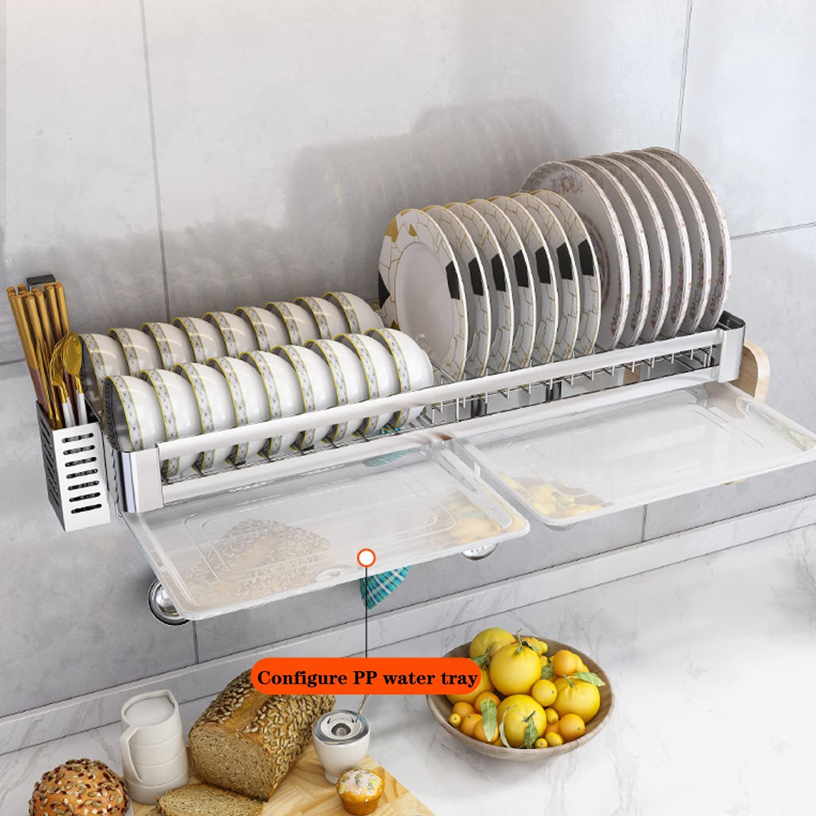 Escurridor de pared de acero inoxidable, estante de almacenamiento de cocina con bandeja de goteo, soporte para cubiertos y almacenamiento para tabla de cortar, estante de secado de platos que ahorra