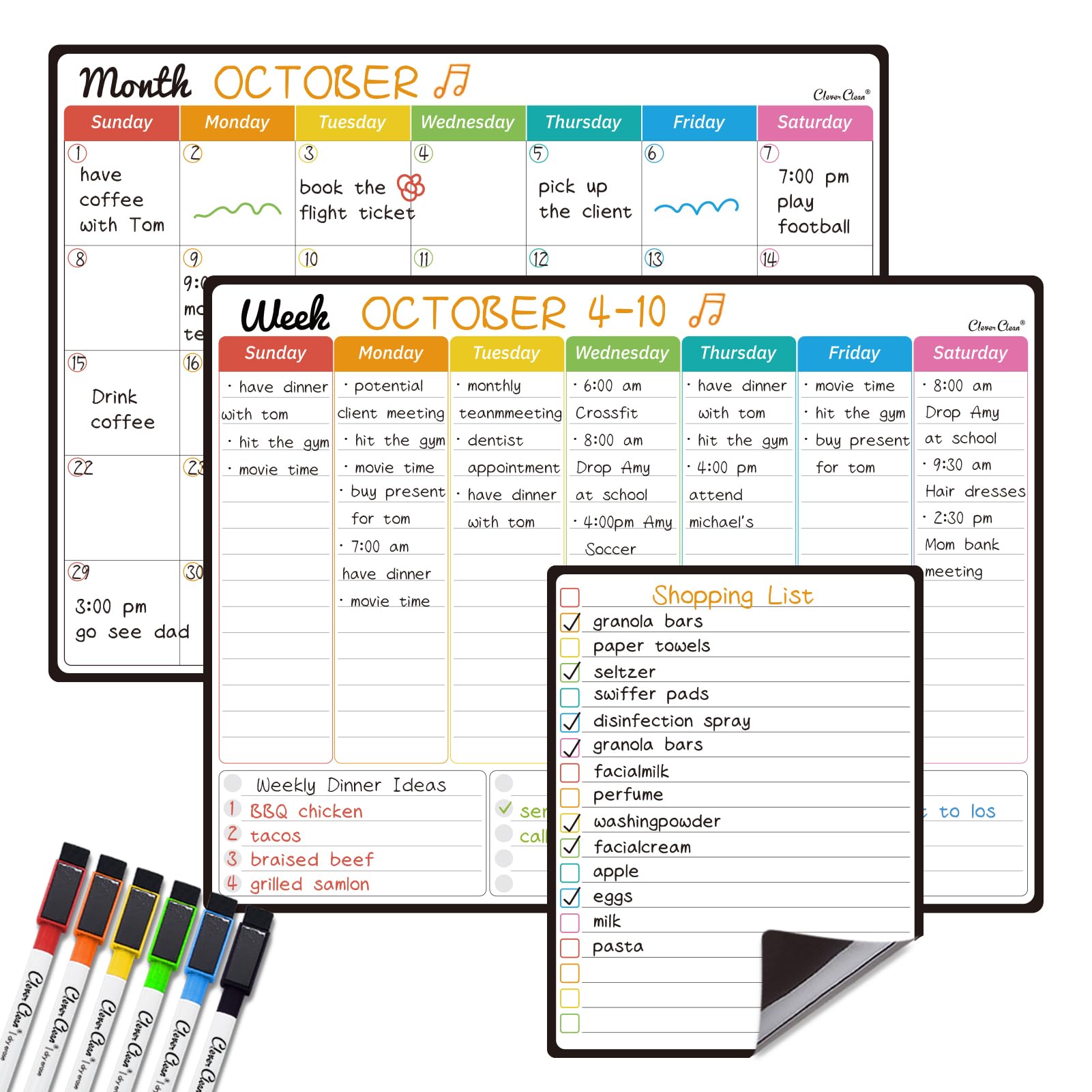 Calendrier mensuel magnétique effaçable à sec – Calendrier mensuel et hebdomadaire de 36,8 x 27,9 cm, tableau d'affichage de 16,5 x 21,6 cm pour réfrigérateur – 6 marqueurs à pointe extra fine inclus