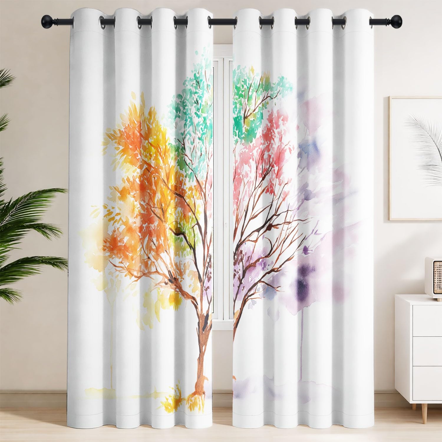 Generisch Baum Blatt Zweig Blickdichte Gardinen Aquarell Saison Ösenvorhänge Thermo Vorhang Schlafzimmer Wohnzimmer Kinder Verdunklungsvorhänge 2er Set B 91.5 x H 214 cm