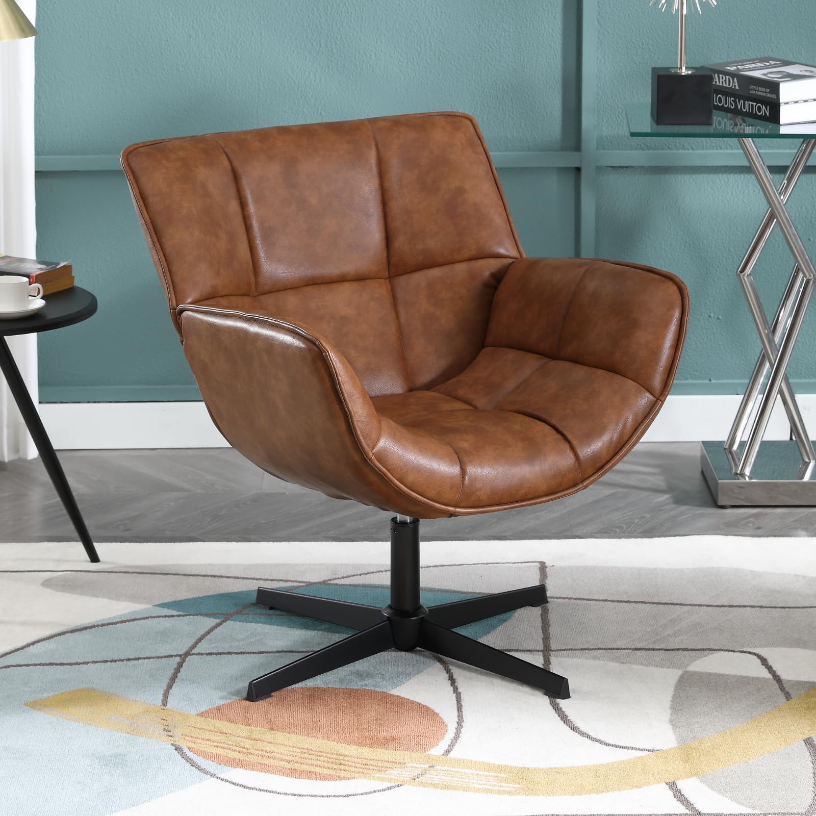 DAYALANE Swivel Leather Armchair, Modern Upholstered Accent Tub Chair Vanity Chair for Living Room Bedroom Makeup Lounge Brown