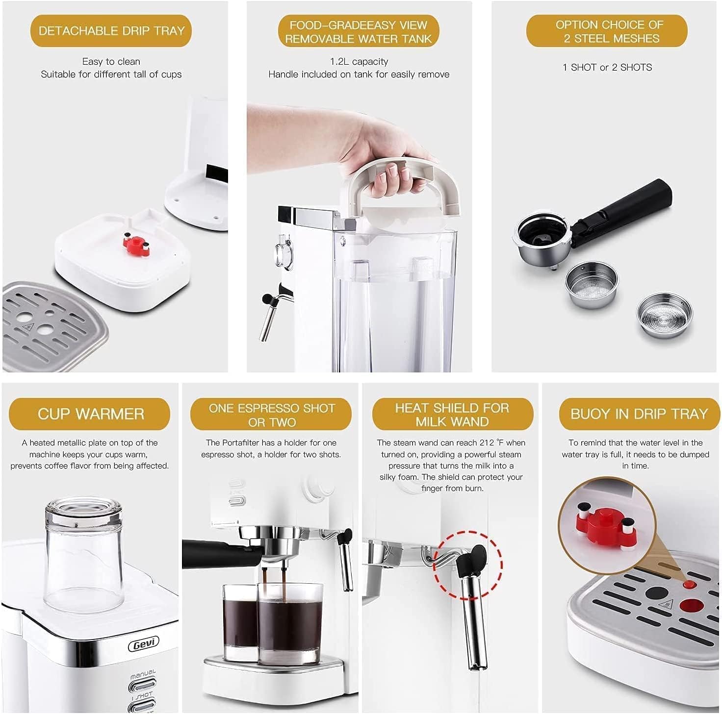 Gevi Espresso Machines 20 Bar Fast Heating Automatic Cappuccino Coffee Maker with Foaming Milk Spugna Parete per Espresso, Latte Macchiato, 1.2L Removable Water Tank, 1350W, Bianco