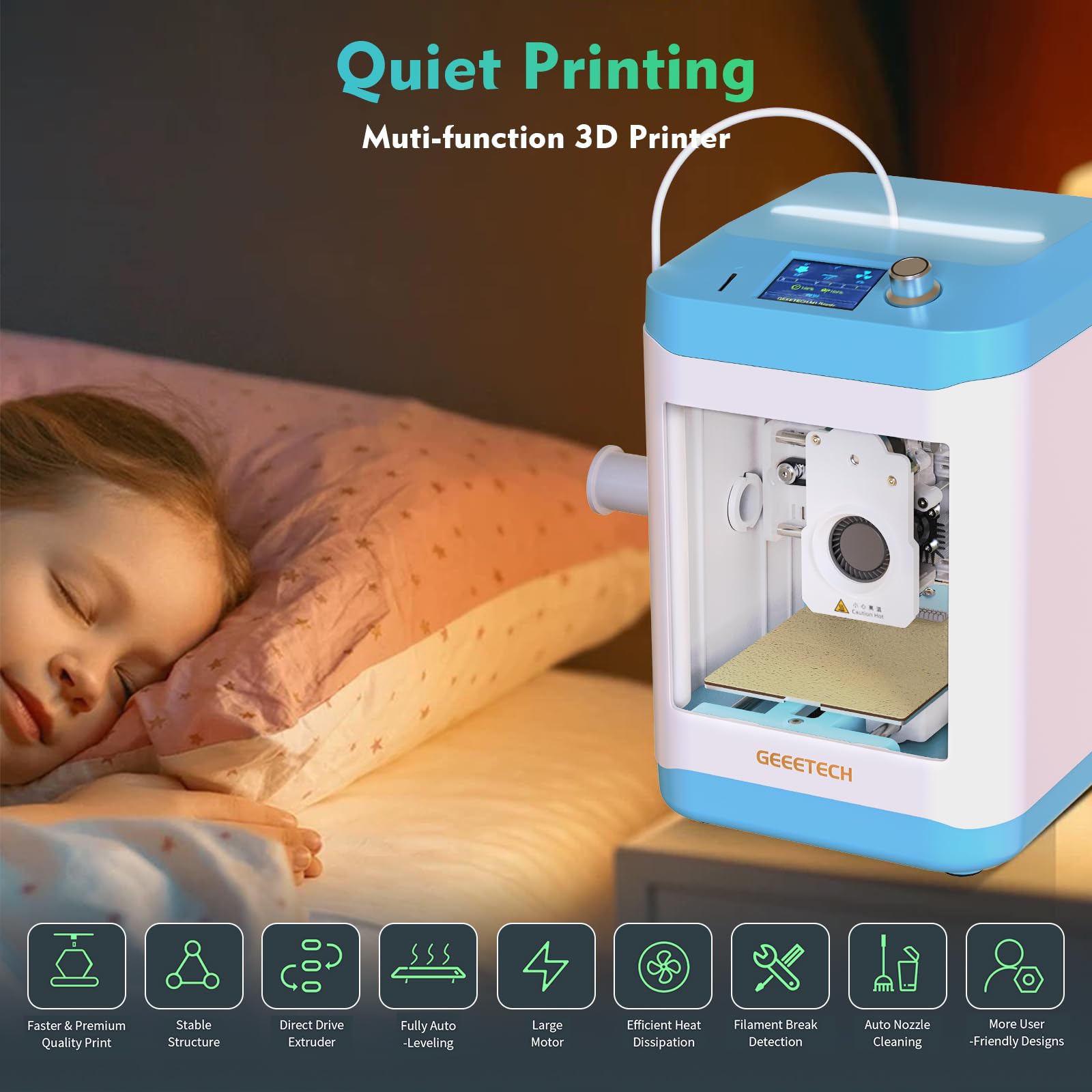 Stampante 3D per bambini e principianti, mini stampanti 3D Geeetech con livellamento automatico, ad alta velocità e completamente open source, estrusore a trasmissione diretta completamente assemblato