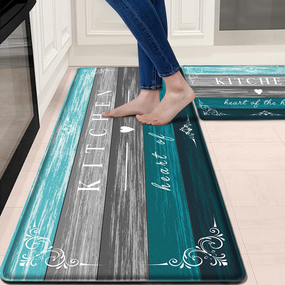 Sofort Kitchen Mat Farmhouse Cushioned Anti Fatigue Kitchen Rugs 2 Pieces Non Slip Waterproof Kitchen Mats for Floor, Rustic Wooden Comfort Standing Mats for Kitchen, Office, Sink, Laundry