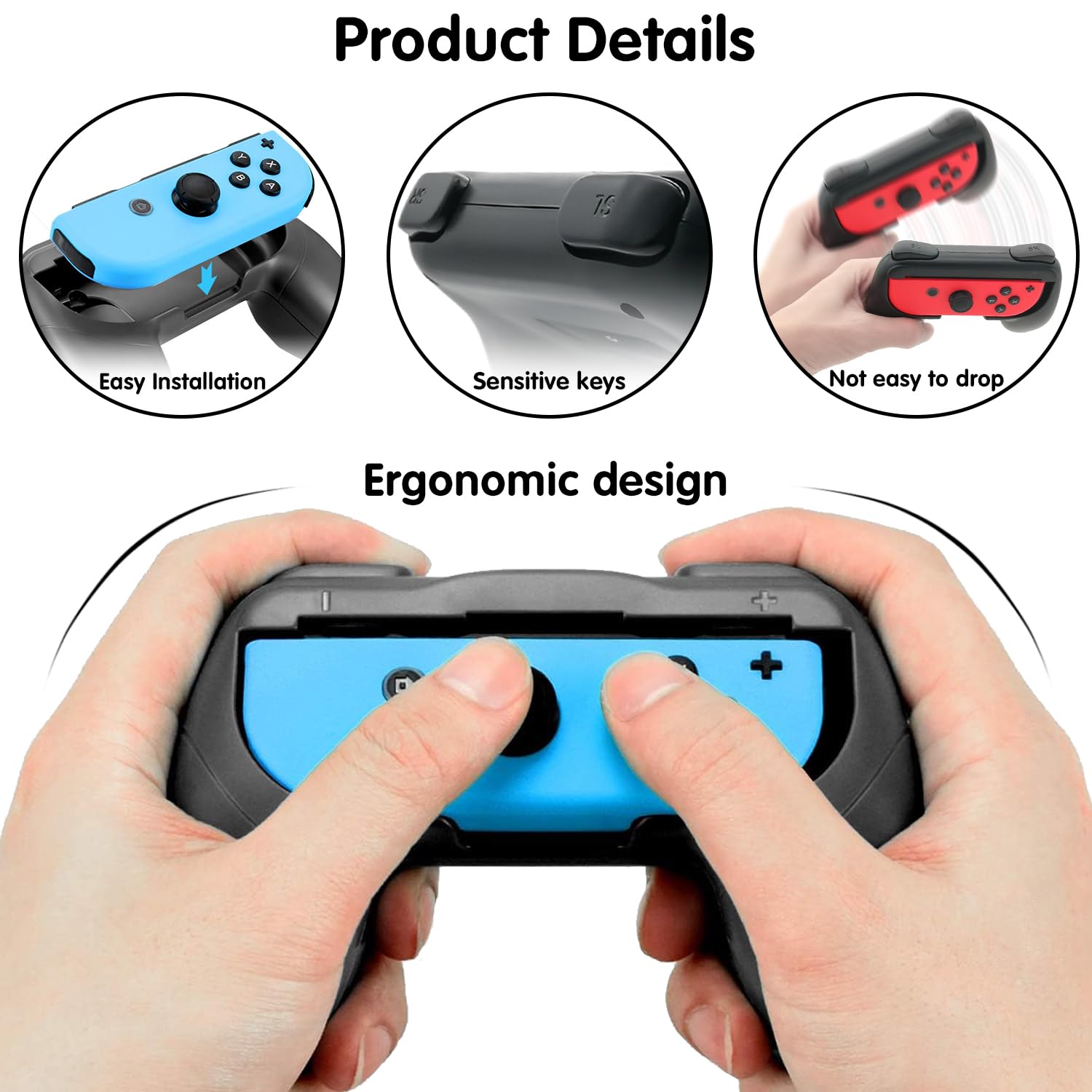 Boîtier de poignées de Jeux 2 pièces, Kit de Manettes en ABS pour Contrôleur en ABS Poignée, Noir Manette de Jeu Grips, Controller Confortable Réduisant Fatigue pour Switch