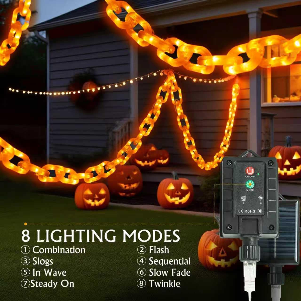 Halloween Decoration Solar Light String,6.6FT, 100 LED Orange Chain Lights. IP44 Waterproof, 8 Lighting Modes. Perfect For Horror Costume Accessories, Haunted House Courtyards & Halloween Party Decor.