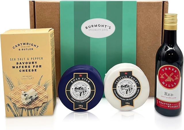 Snowdonia Cheese & Wine Hamper - Rock Star Cave Aged & Truffle Trove Extra Mature Cheddar - Three Mills Classic Red Wine and Cartwright & Butler Wafers - Hamper Exclusive To Burmont's