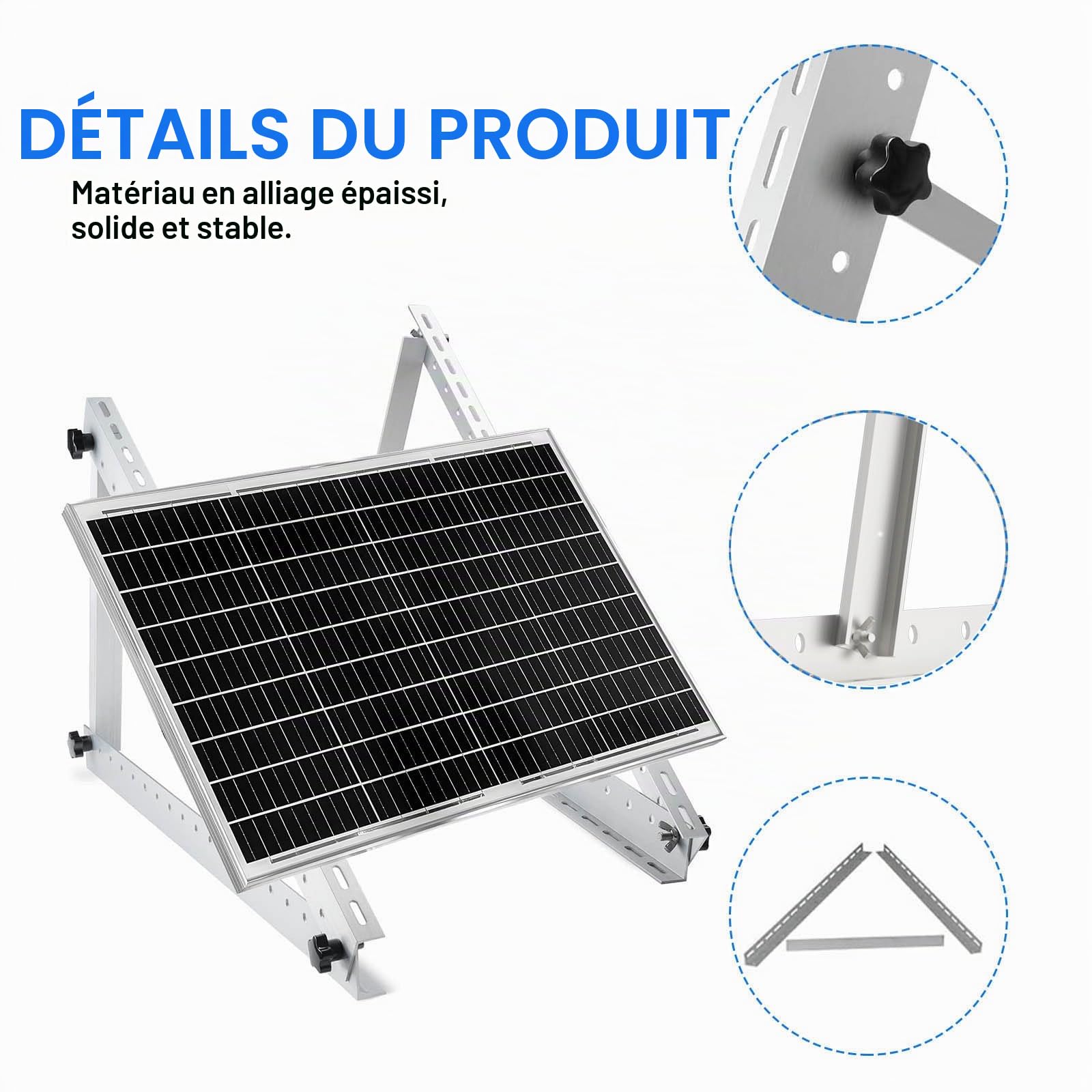 1 ensemble de supports de montage de panneau solaire réglables de 114,3 cm avec pieds inclinables pliables, convient pour 1 à 2 panneaux solaires de 100, 200, 300, 400, 500 W pour toit, camping-car