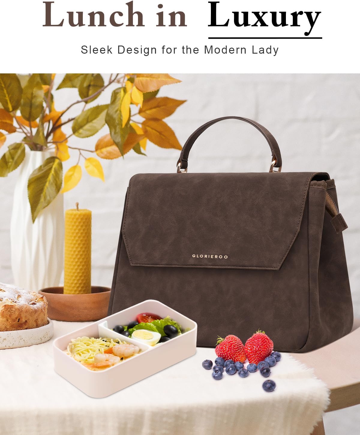 GLORIEROO Lunch Box Tote Women - Fashion Stylish Vegan Leather Insulated Lunch Bag with Removable Strap for Work - Teacher Mothers Day Christmas Gifts for Women