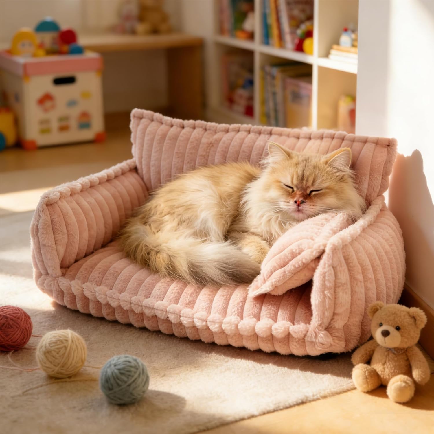 31.5in Large Dog Couch, Dog Beds for Medium Size Dogs, Cute Soft Fluffy Pet Sofa with Pillow and Removable Washable Cover, Calming Modern Style for Fuzzy Pets(Pink, 31.5 * 22.4 * 13inch)