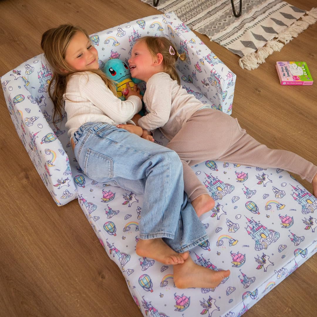 Sofá infantil plegable 2 en 1 de espuma alta densidad (25 kg/m³) - Sillón infantil ligero 2 kg, desenfundable, seguro, OEKO-TEX, Montessori desde 9 meses, no comprimido al vacío. (UNICORNIOS)