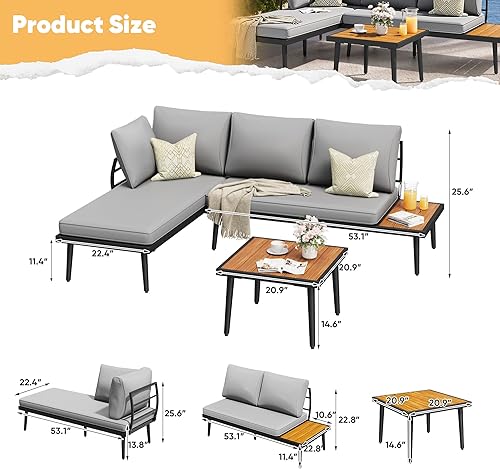 Miniatura 7 de Greesum Juego de sofá modular para exteriores, muebles de metal en forma de L para patio con cojines para todo tipo de clima y mesa auxiliar lateral