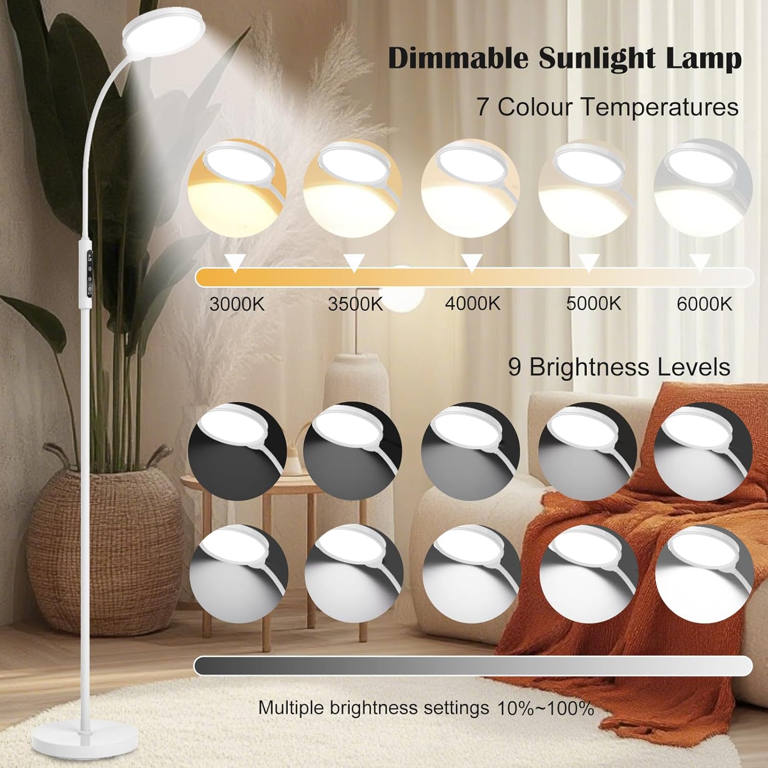 Light Therapy Lamp 11000 Lux, 3 in 1 UV-Free LED Sunlight Lamp with 9 Brightness Levels & 7 Color Temperatures, Height Adjustable Floor Light, Full Spectrum Happy Therapy lamp for Home Office Bedroom - Image 5