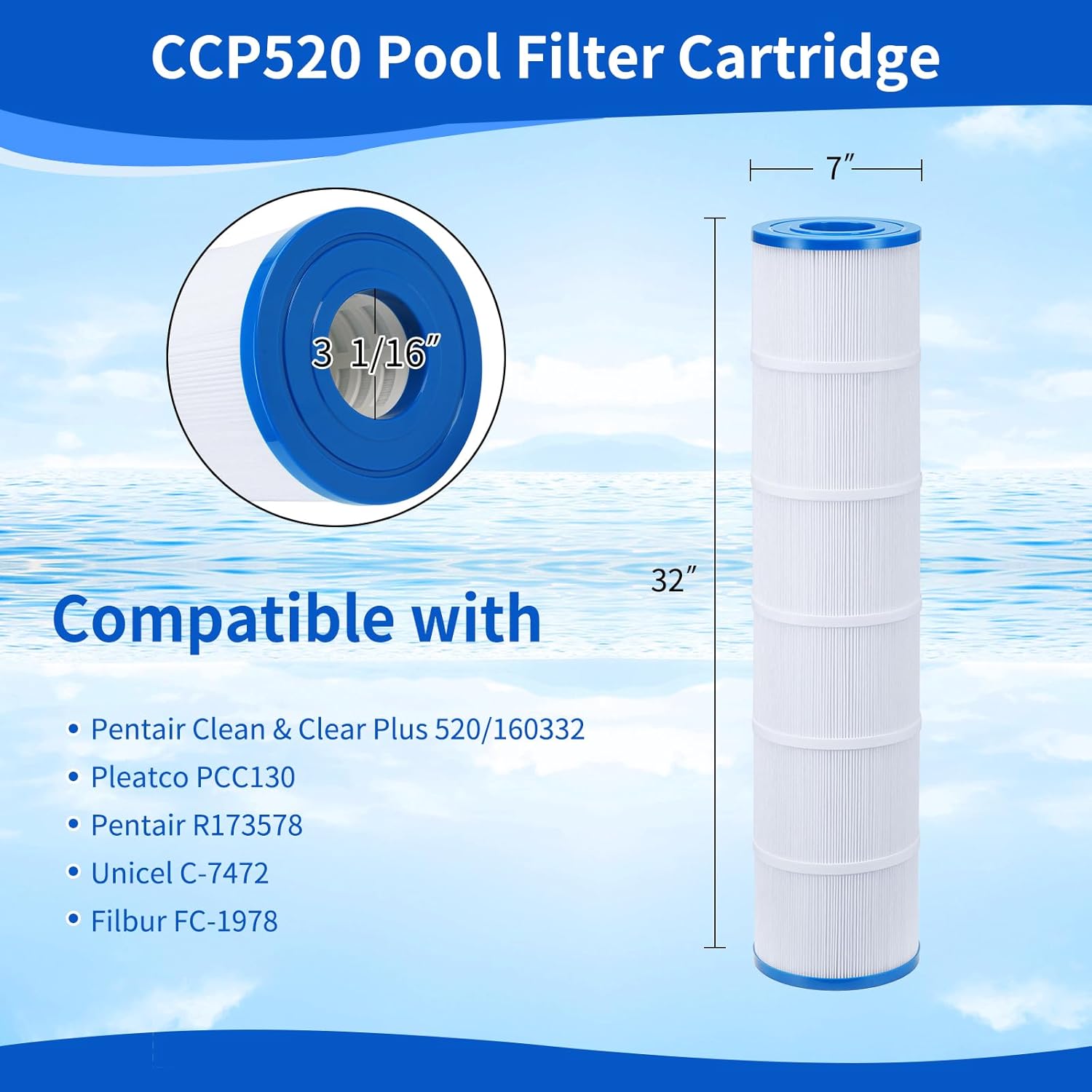 Durable CCP520 Pool Filter Cartridge Compatible with Pentair Clean & Clear Plus 520, Pentair CCP520, R173578, Pleatco PCC130, Unicel C-7472, Filbur FC-1978, FC-6475, 520 sq.ft, 4 Pack
