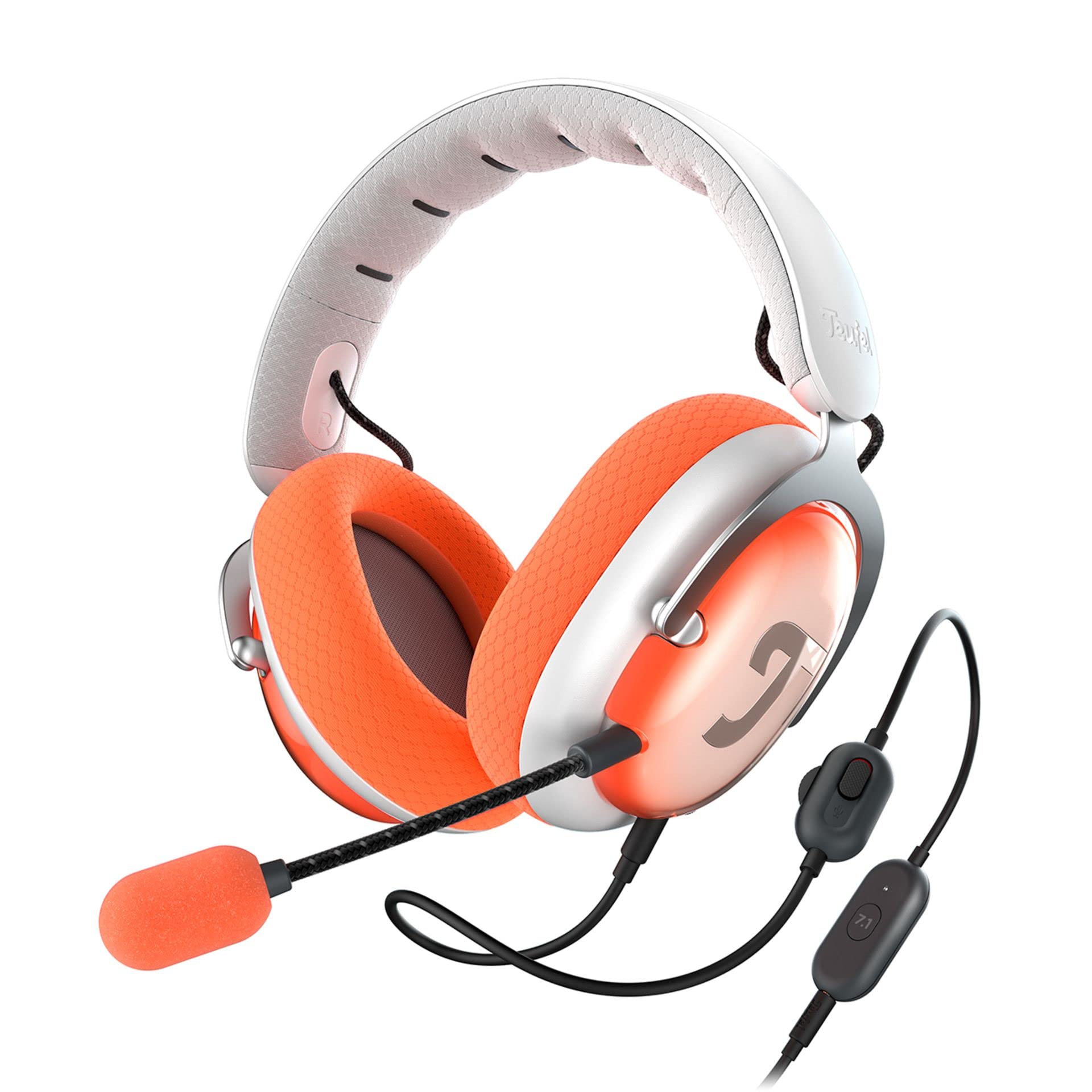 Teufel ZOLA Cuffie Gioco con Microfono e scheda audio USB 7.1, Suono surround DTS, asta del microfono regolabile con microfono a condensatore HD, PC, vestibilità comoda - grigio arancione