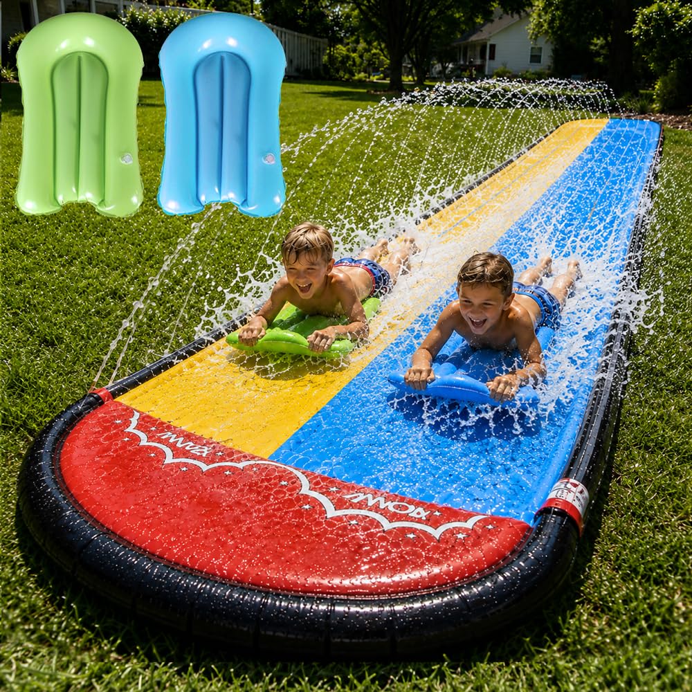 Doppelte Wasserrutsche für Garten 480x140cm mit 2 Bodyboards und Sprinkler