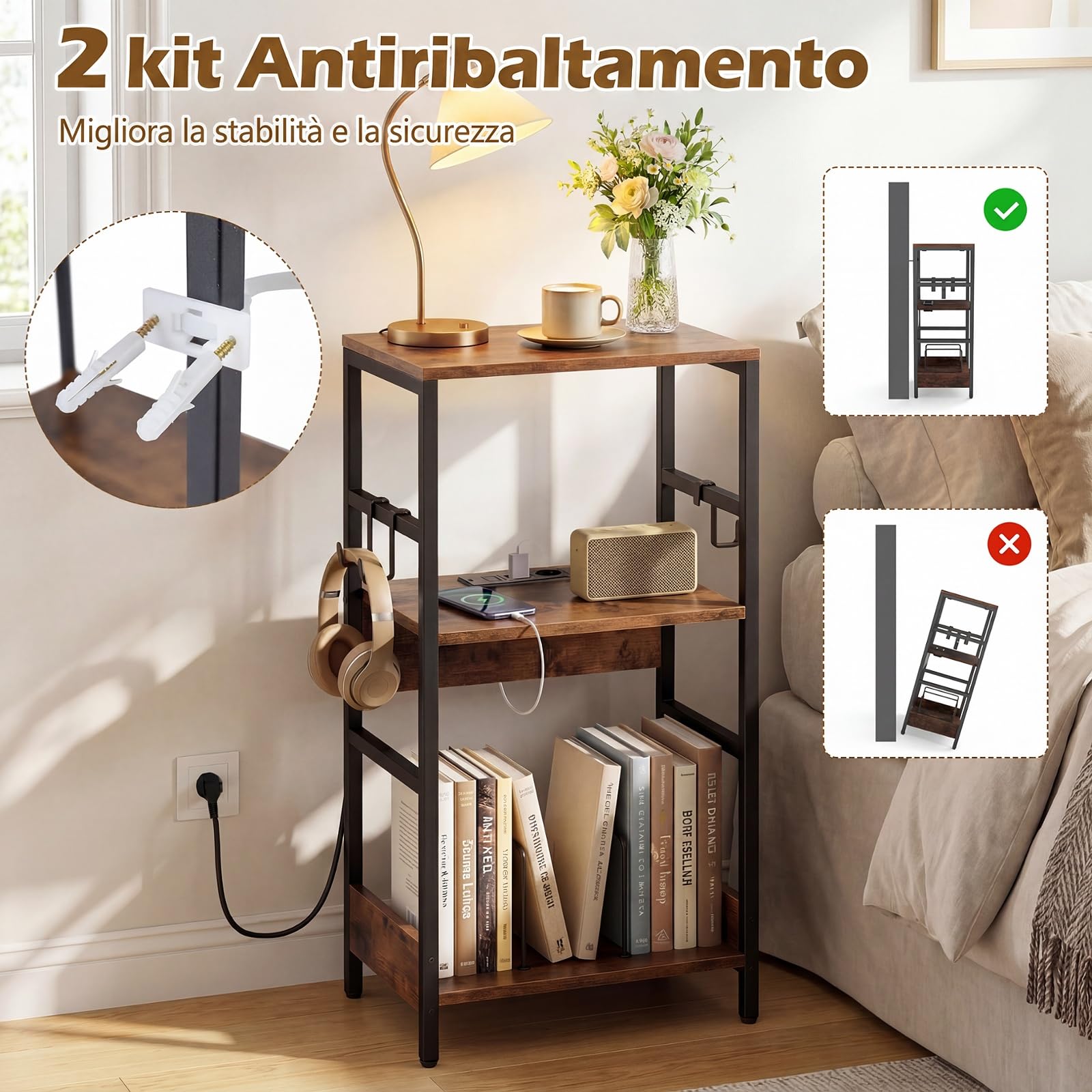 COSTWAY Supporto per Giradischi a 3 Livelli, Mobile Porta Giradischi in Legno con Stazione di Ricarica e 3 Ganci, Scaffale per Dischi Industriale per Soggiorno e Camera da Letto, 40 x 30 x 78 cm