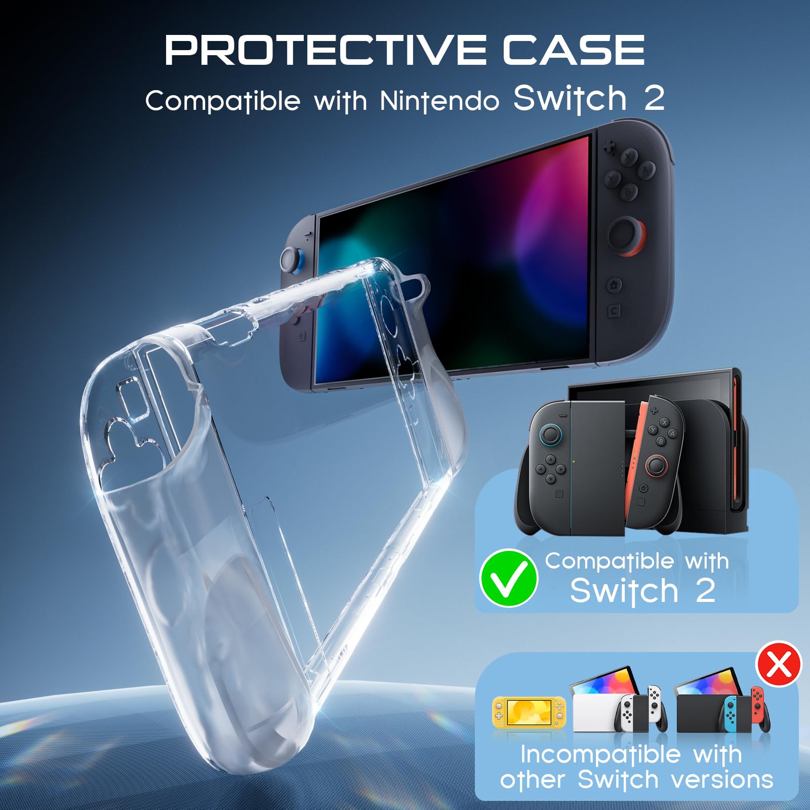 HEYSTOP Carcasa para Nintendo Switch 2 Modelos, Funda TPU Suave Dockable Transparente con Protector de Pantalla Switch 2 y Tapas de Silicona para el Pulgar para el Mando de Nintendo Switch 2