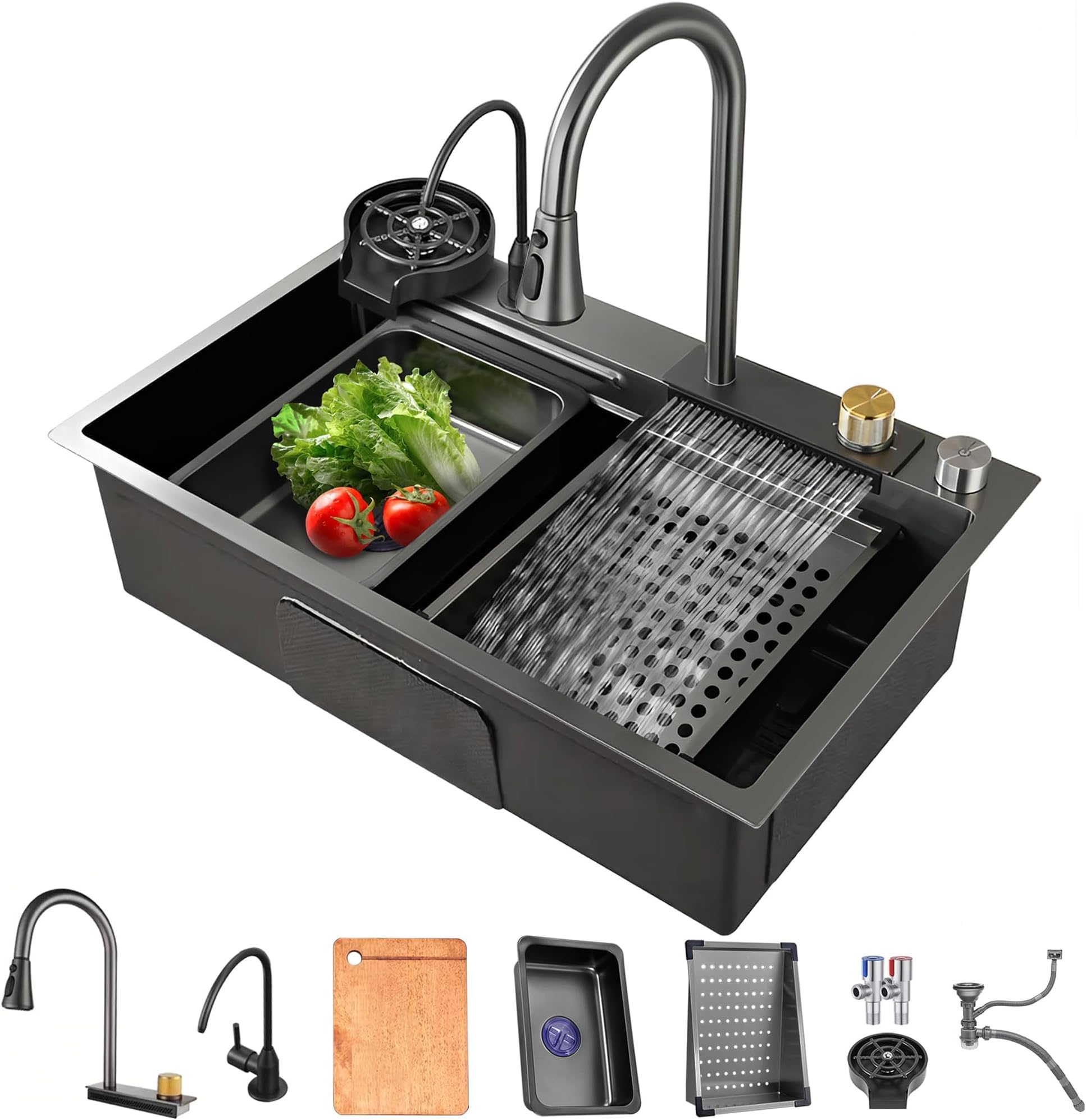 Waterfall Kitchen Sink, 304 Stainless Steel Workstation Sink with Pull Out Mixer Tap Large Single Bowl Sink for Kitchen with Multiple Accessories 75x45cm