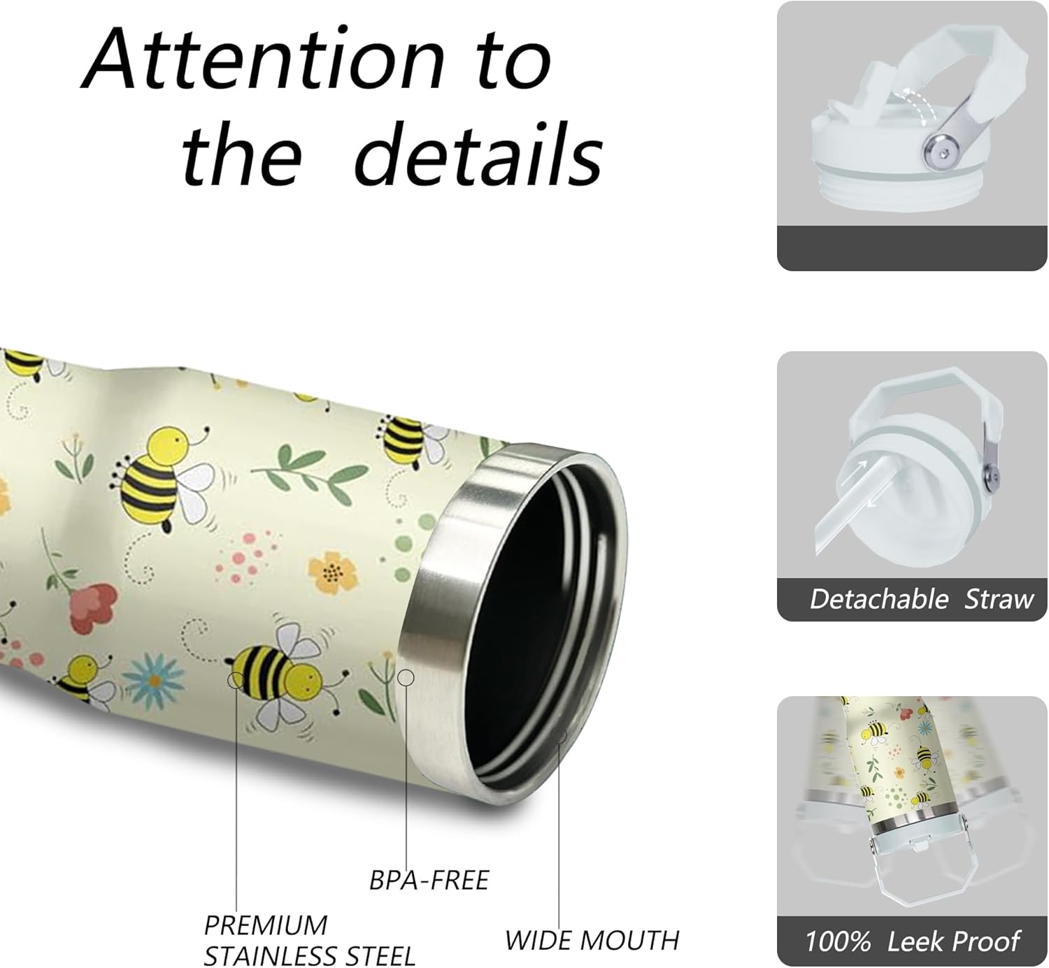 30 oz Bee Tumbler with Handle and Flip Straw, Stainless Steel Insulated Cup with Lid and Straw,Travel Coffee Mug Water Bottle,Christmas Birthday Mothers Day Gifts for Women Animal Lovers - Image 3