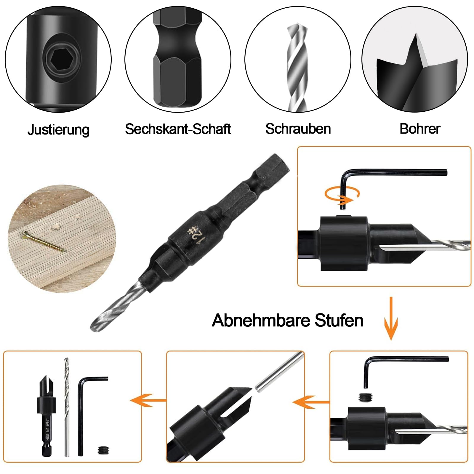 BIGP 4-delige kegelverzinkboor set met diepteaanslag | 1/4 inch hex-schacht HSS-M2 | voor nauwkeurige verzonken gaten in hout (2,8/3,2/3,5/4,0 mm) | Incl. bithouder & inbussleutel (rood