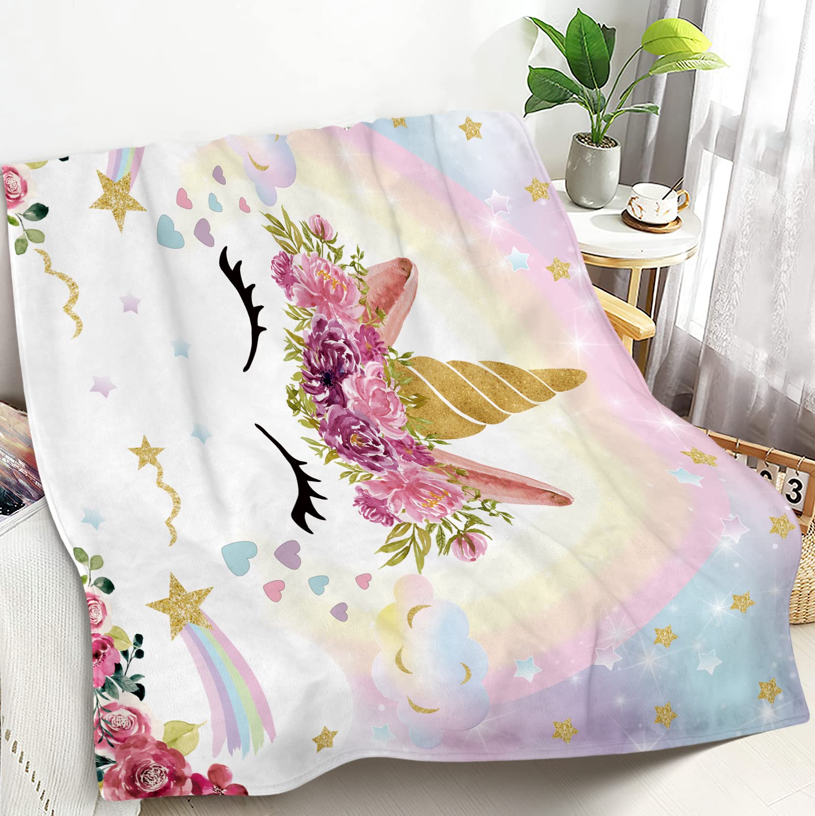 Woyamay Unicorn Blanket for Girls Fleece Blanket Unicorn Gifts for Girls Women Smiling Rainbow Unicorn Flannel Blanket for Kids Teens Adults Soft Unicorn Throw Blanket for Bed Sofa Travel 50"x60"