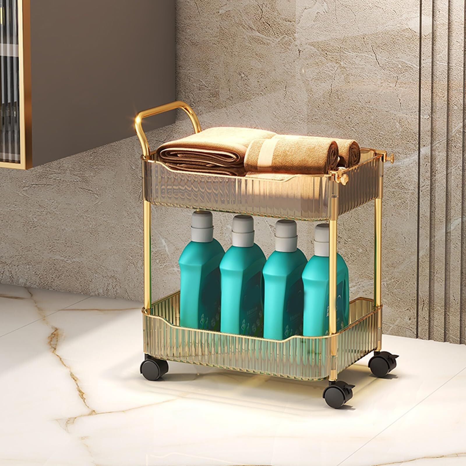 LJYKBFL Gold Acrylic Storage Trolley with Lockable Wheels 2-Tier Rolling Utility Cart for Bathroom Kitchen Office & Living Room Clear Shelves Stainless Steel Frame & Drainage Holes.