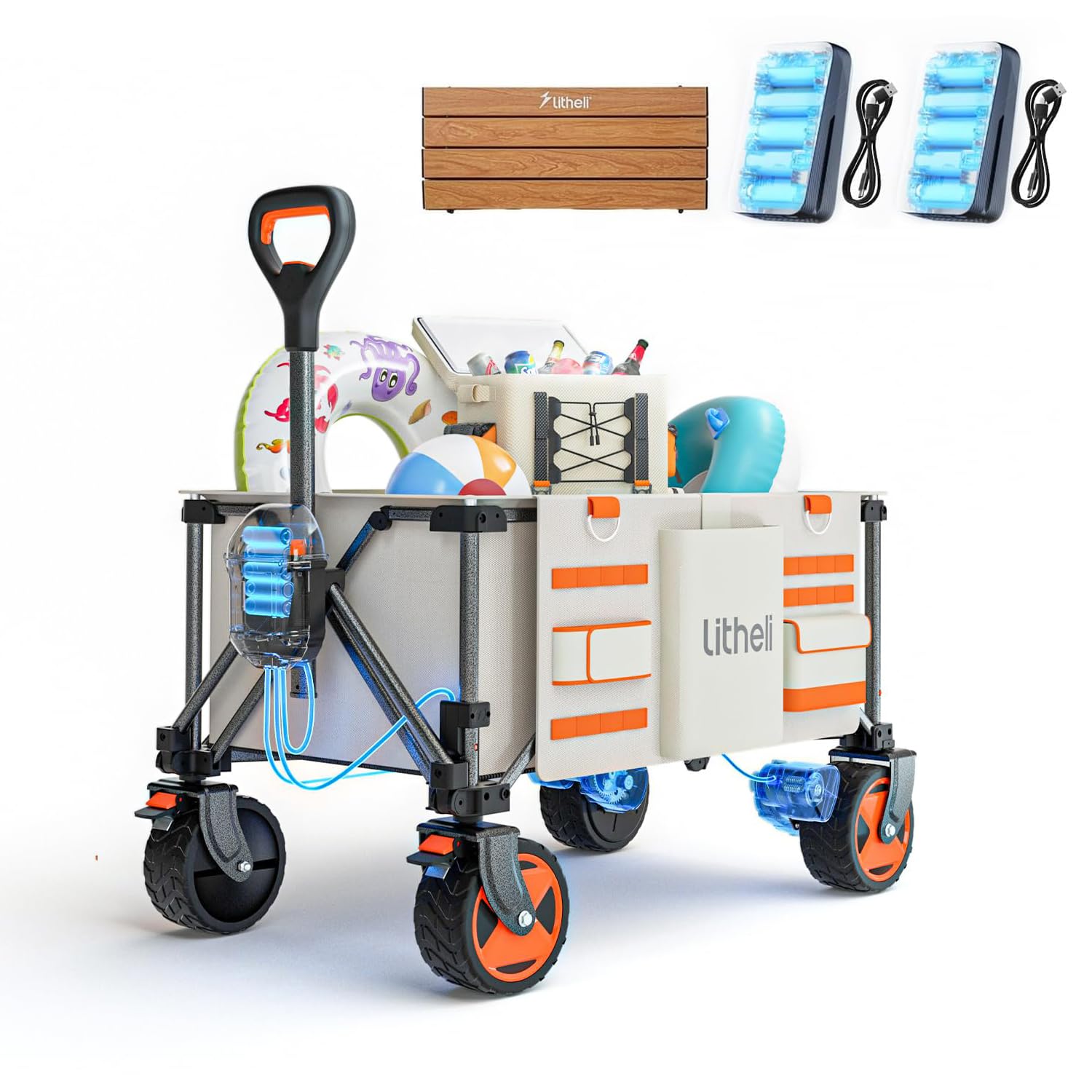 Litheli Folding Electric Hand Trolley, Folding Hand Cart, Double Motor with Brakes, 150 L, 60 kg, Folding Trolley Suitable for Camping, Garden, Beach, Shopping (Beige+Table Board)