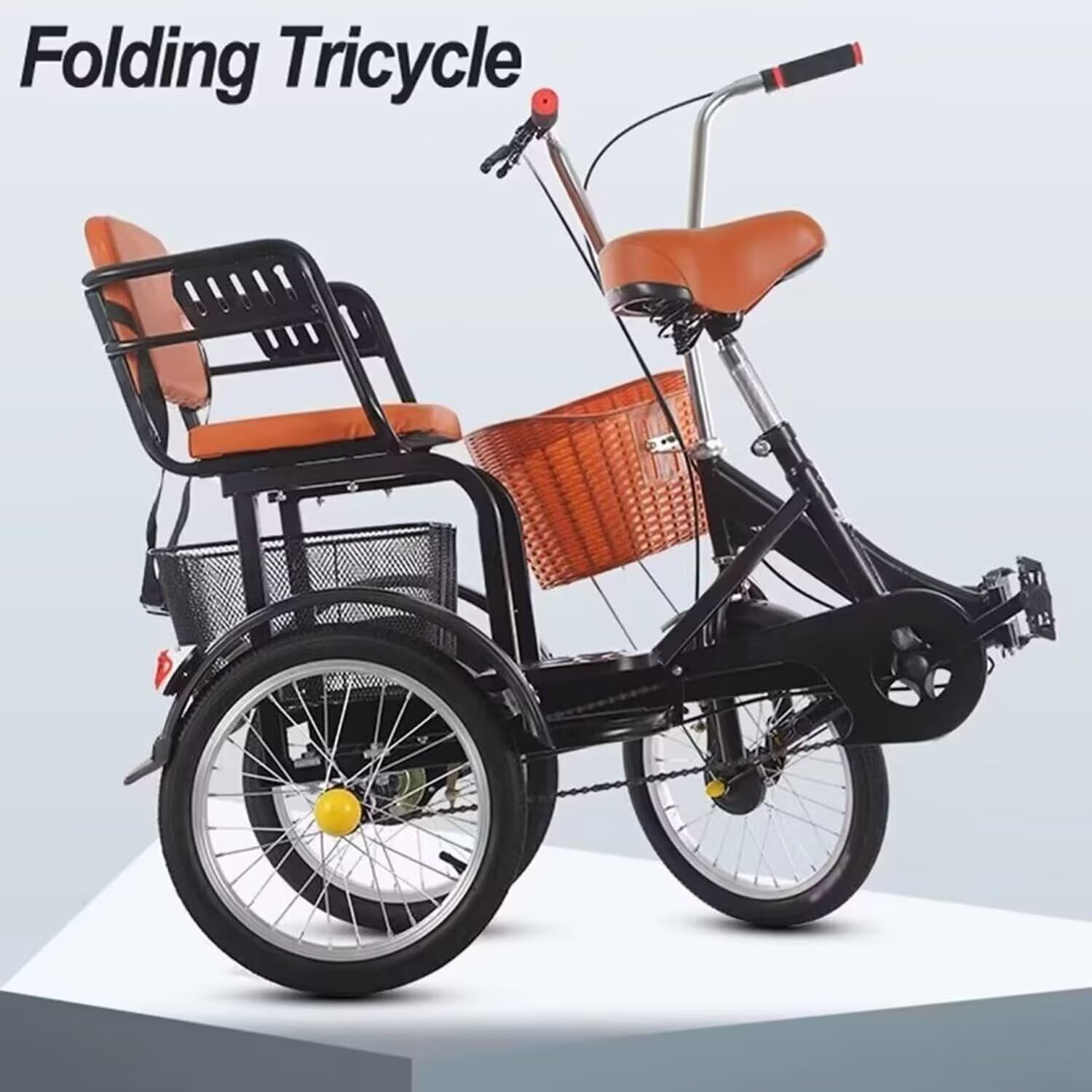 Folding Adult tricycles with Back seat,Elderly Rickshaw Pedals Tricycle,Cruiser Trike with Back seat,3 Wheels Bicycles for Hanging Out and Traveling,Front and Rear B,Black 16inch