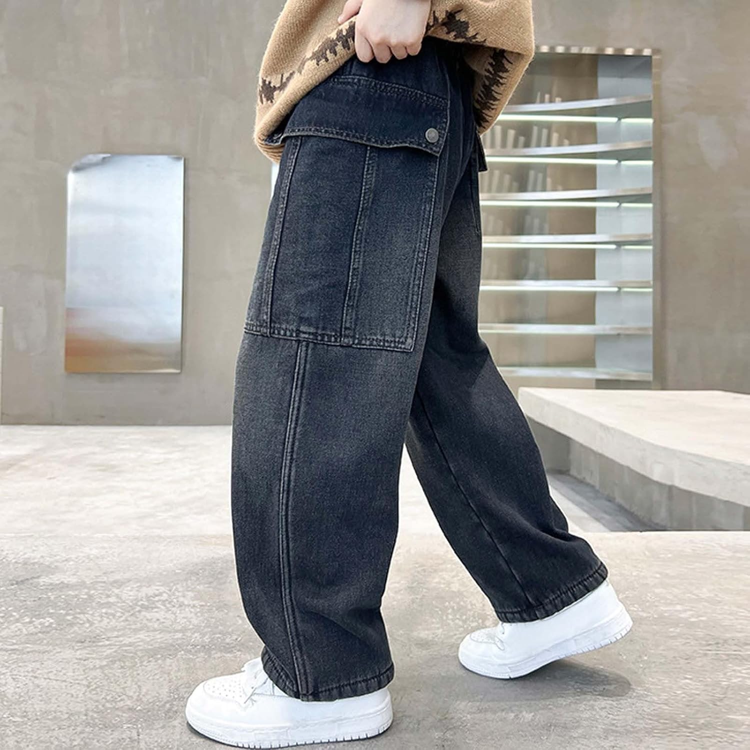 Baggy Jeans Boys Y2k Wide Leg Denim Pants Loose Cargo Jeans for Kids Elastic Waist Trendy Casual Pants with Pockets