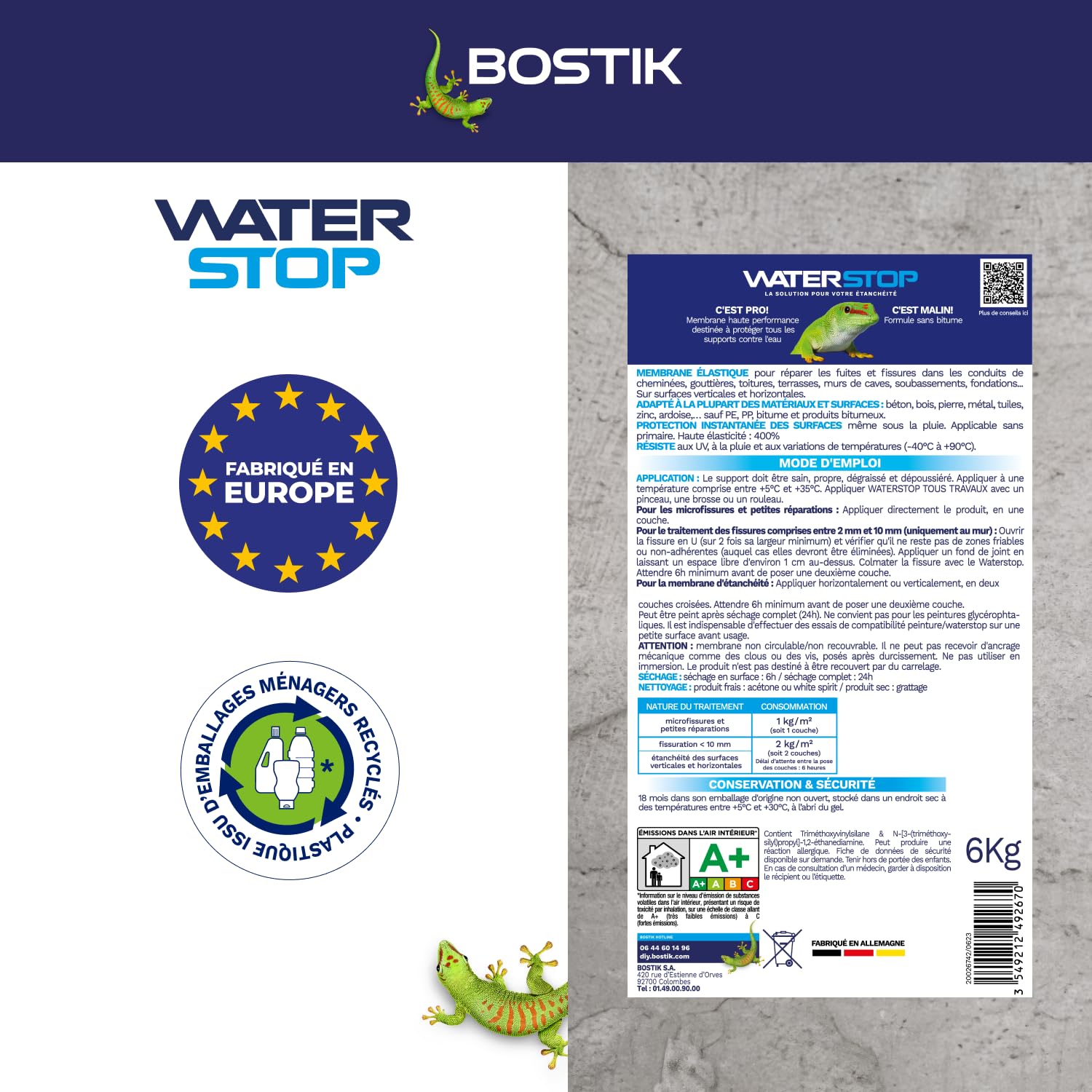 Bostik Waterstop Blanco 6 kg – Membrana impermeabilizante para techos, canalones y paredes – Repara fugas, infiltraciones y grietas – Resistente a los rayos UV & temperies
