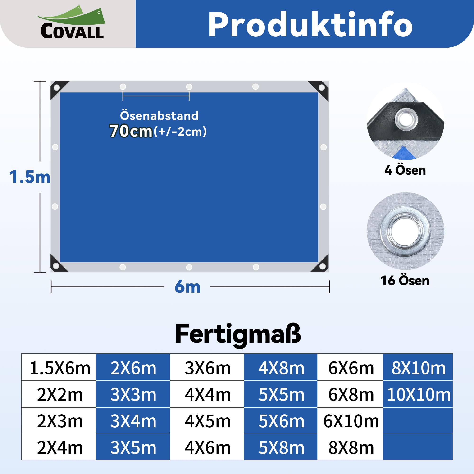 Plane 1,5 x 6 m –75g/m² wasserdichte Plane Aus PE, Silber/Blau Doppelseitig, UV- & Reißfest, Mit Verstärkten Ösen – Ideal Als Unterlage, Campingplane, Wetterschutz Für Garten, Auto & Holz
