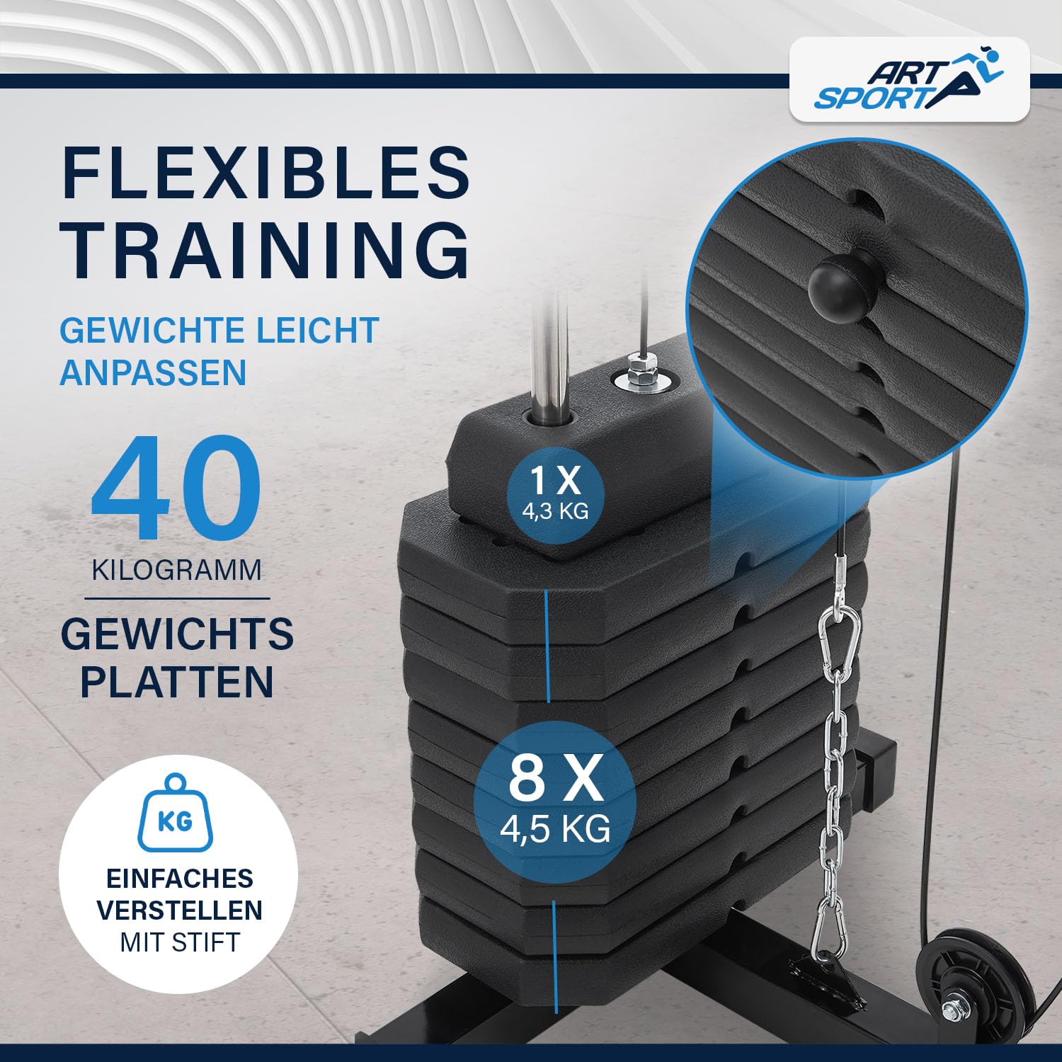 ArtSport Kraftstation ProfiGym 2000 mit Latzug- & Butterflystange, Seilzug & Beinstrecker - 9 Gewichte mit 40kg - Multistation Krafttraining Zuhause