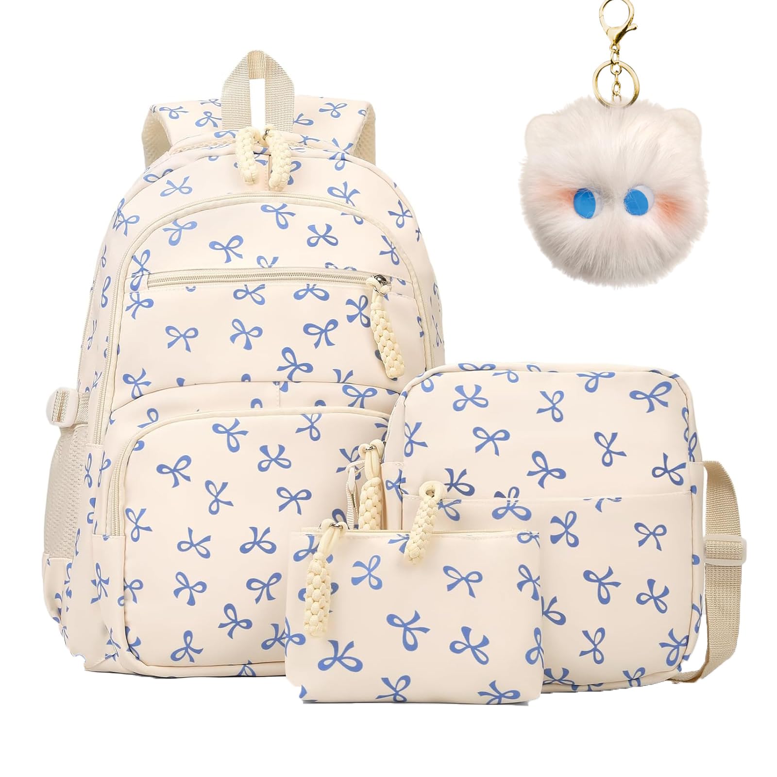 Bow Backpack for Girls, 3-Piece Bow Design Backpack Set with Matching Satchel & Mini Purse, Nylon Rucksack Kawaii School Bags Floral Preppy Backpacks for Teen, Primary, Secondary and College (A)