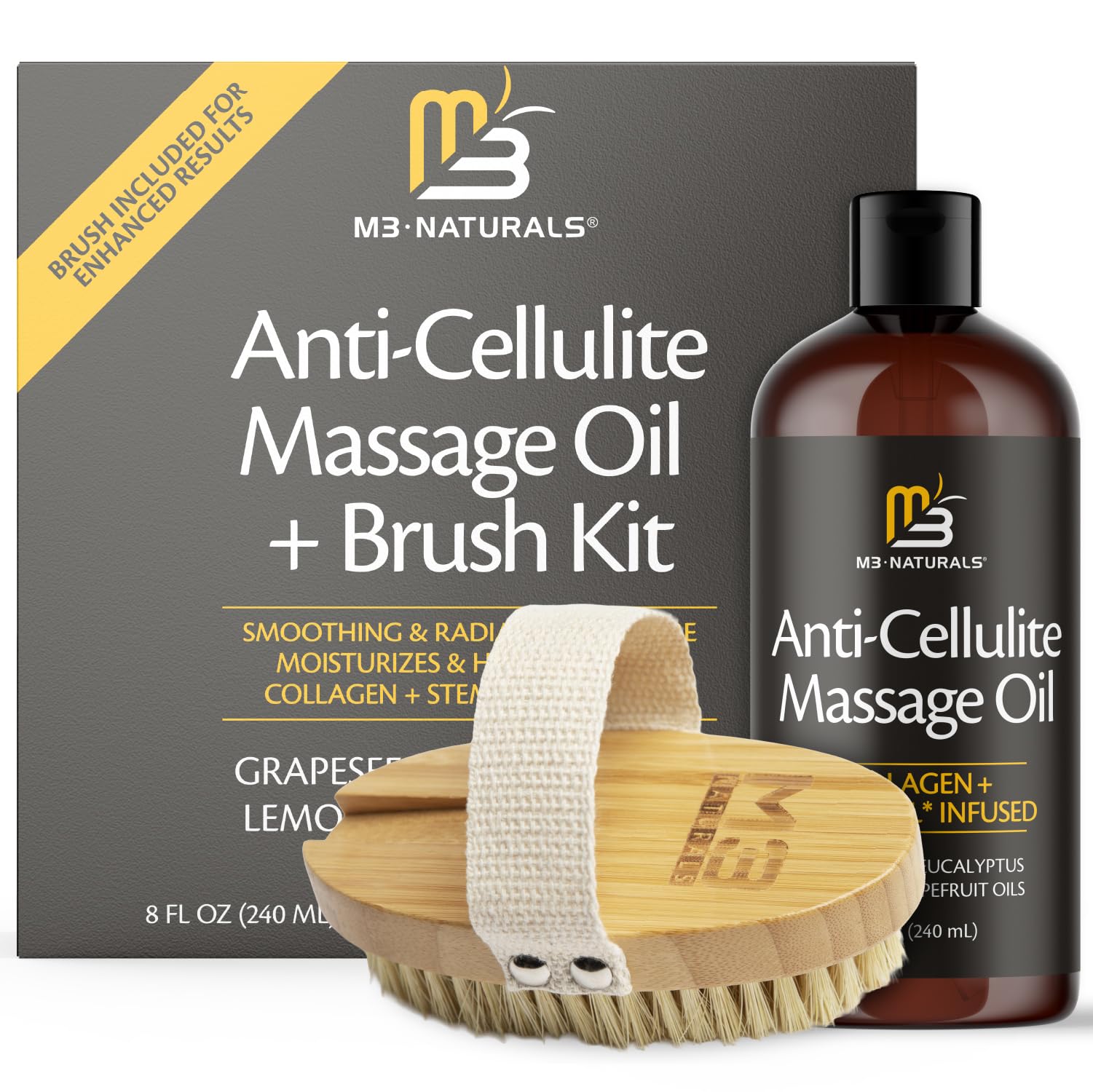 Anti Cellulite Massage Oil and Firm Dry Brush Kit | Collagen &amp; Stem Cell Skin Tightening Kit | Radiant Body Care Kit for Women by M3