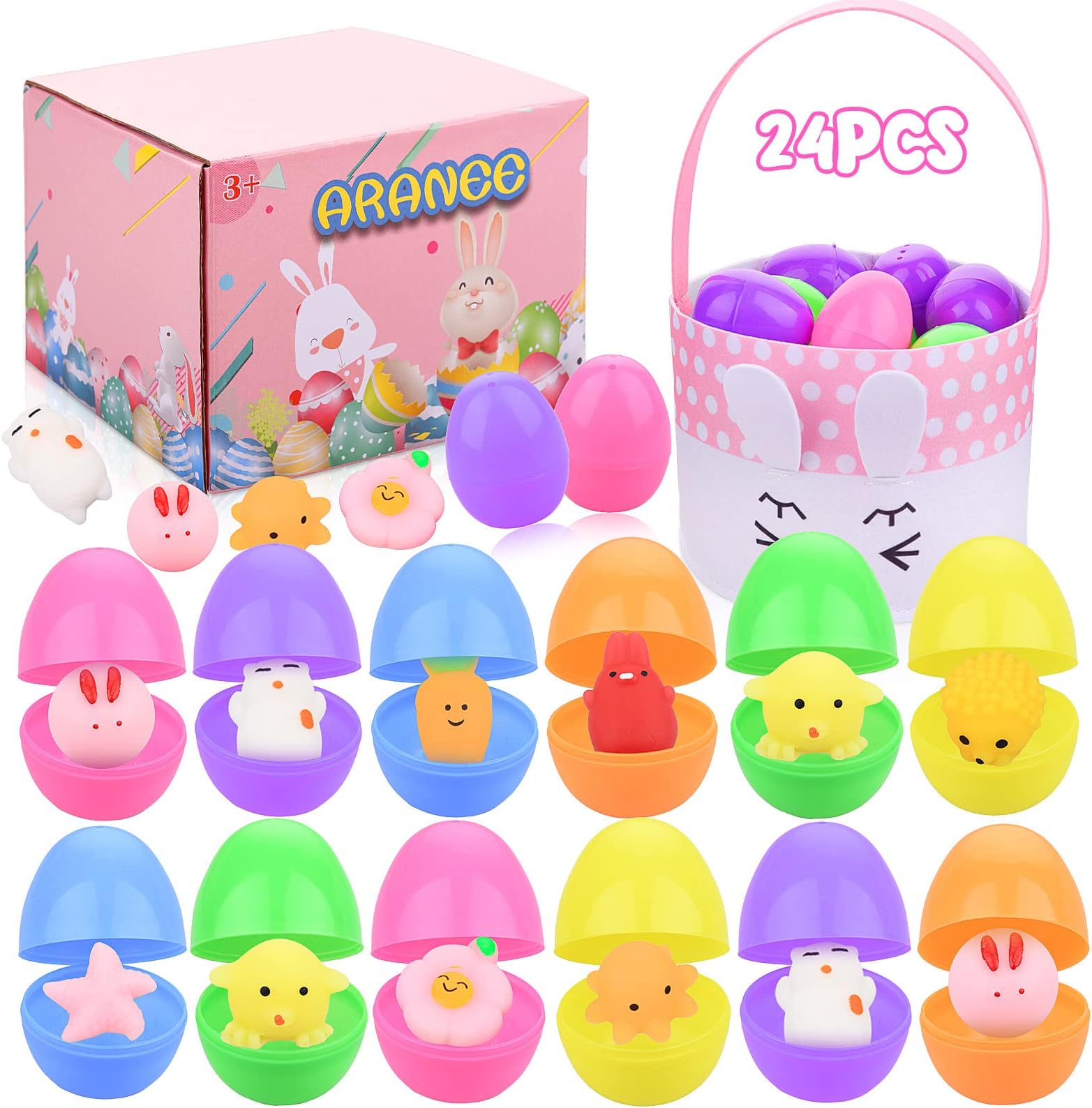 Mochi Squishy Toys Filled Easter Eggs, Easter Basket Stuffers Fillers, Easter Party Favors, School Classroom Prizes Mini Soft Animal Squishies Stress Relief Toys