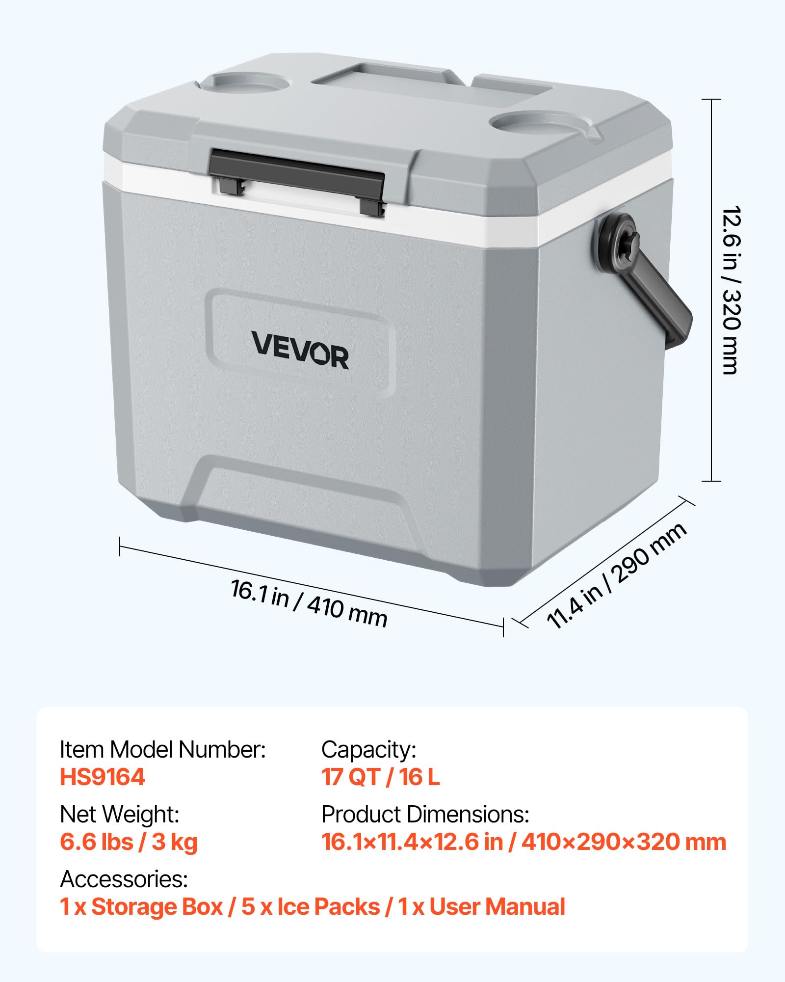 VEVOR Glacière Rigide 16 L, Glacière Passive Classique Portable, pour Aliments Boissons Camping Pêche Pique-Nique Jardin Plage, Boîte Isotherme Rigide avec Poignée, Rétention du Froid jusqu'à 48 H