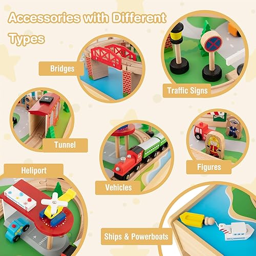 Miniatura 4 de INFANS Train Table with Storage, 84 Pieces Wooden Kids Activity Toy Table Playset with Reversible Detachable Tabletop, Tracks, Train, Railway, City