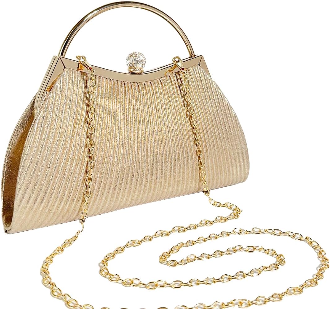 Bolsa Clutch Festa Feminina Dourada Poliéster Alça Haste Metálica Mão Ombro Transversal Com Correntes Removíveis