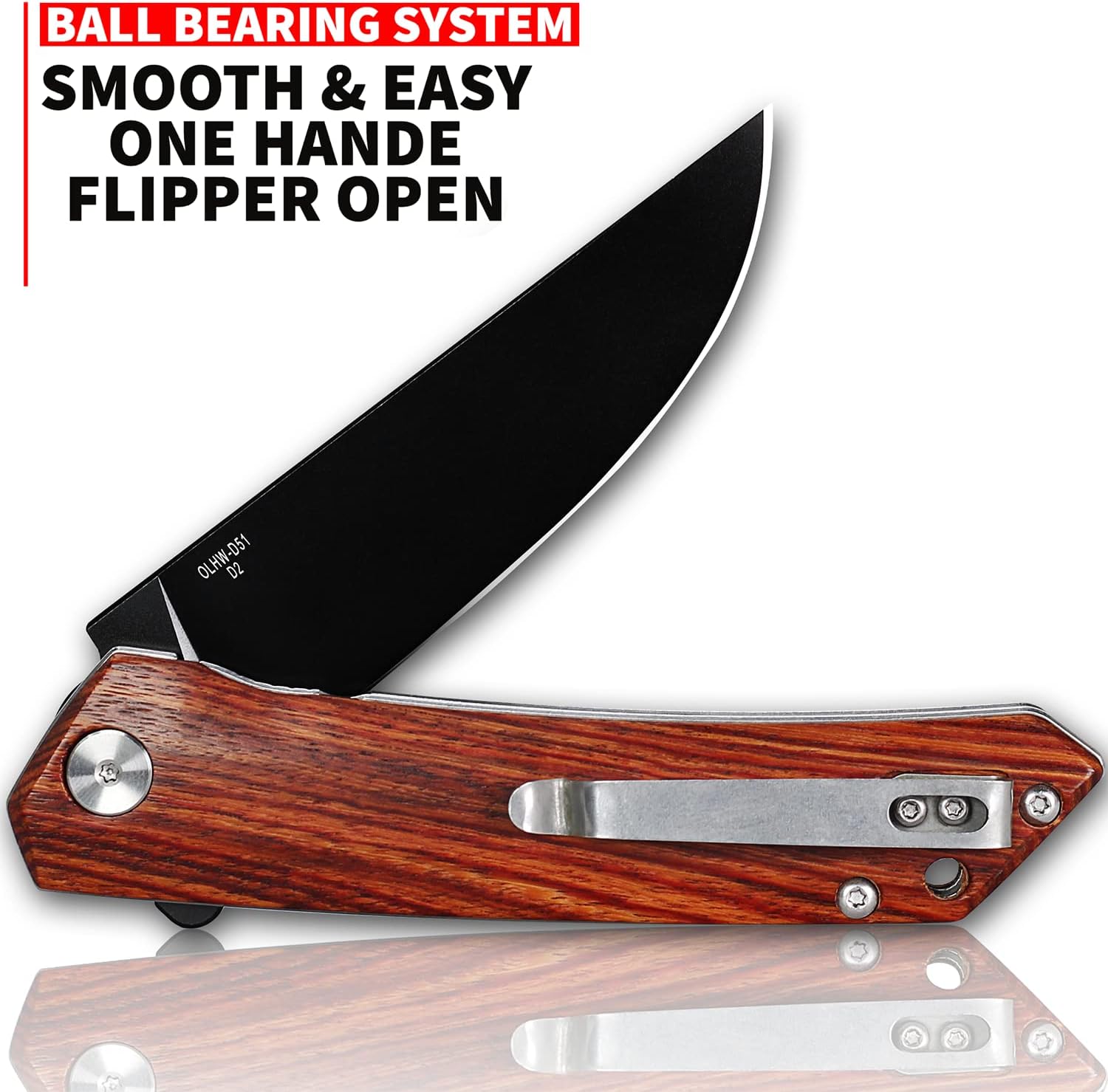 OERLA EDC Folding Pocket Knife 3.9" D2 Steel Blade with Rosewood Handle and Deep Pocket Clip for Men and Women of Outdoor Camping Survival and Hiking Knives