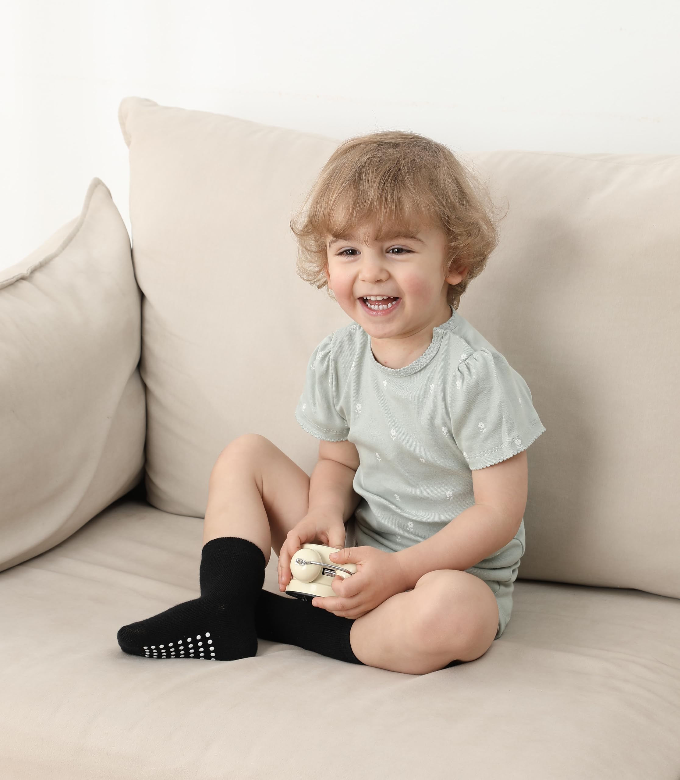 JAKIDAR 12 Pack Baby Socks Cotton Crew Toddler Socks Grips Non Slip Bottom Kids Socks
