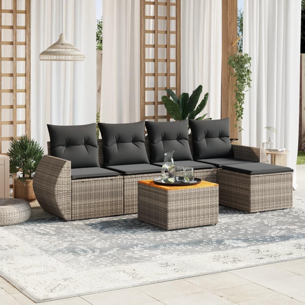 Set Divano da Giardino 6 pz in Polyrattan Grigio con Cuscini Resistente ai Raggi UV per Relax e Aperitivi su Terrazza Balcone Patio Veranda con Tavolo e Sedie Modulare