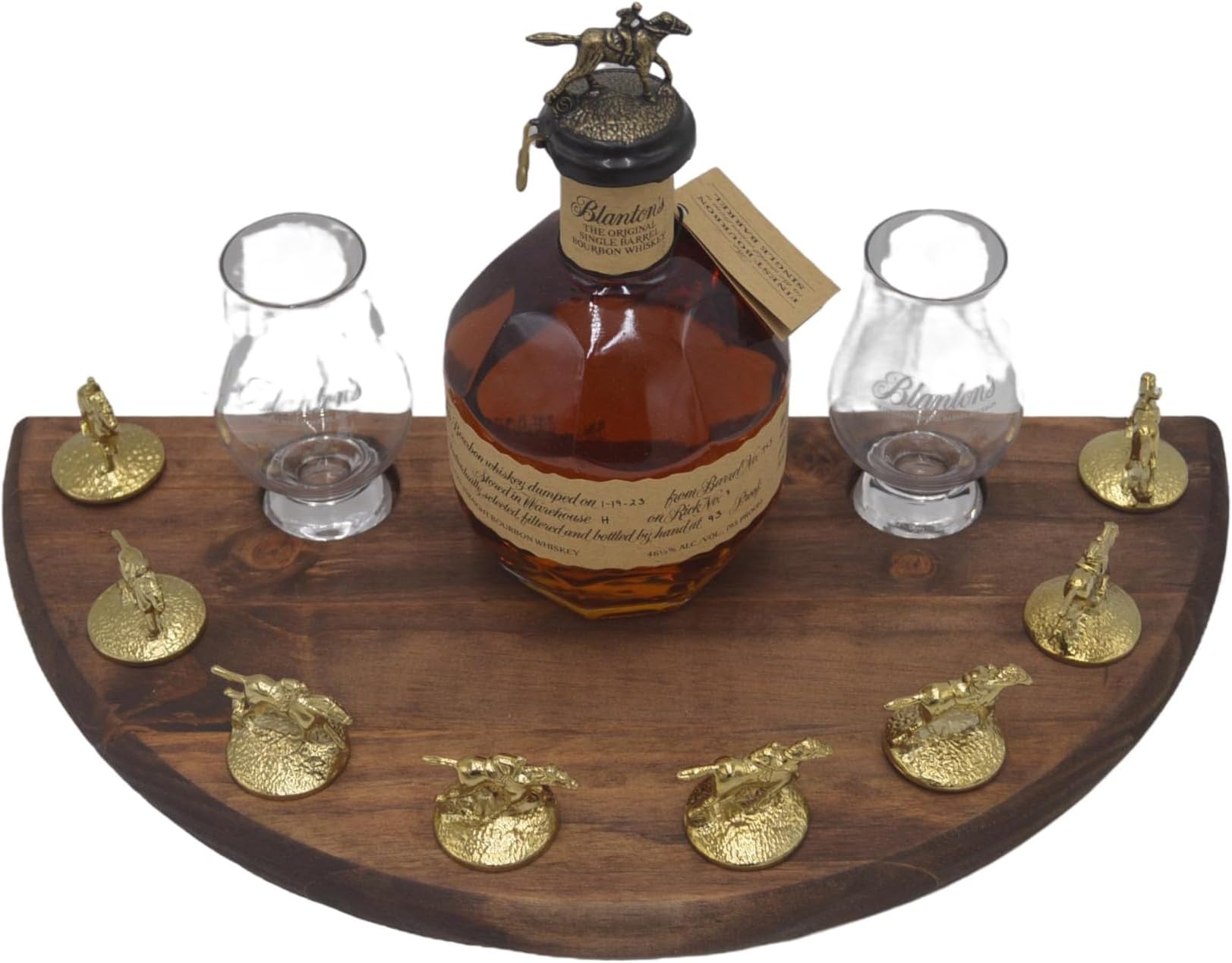 Bourbon Cork Display Half Moon Shape With Light and Glass Holders Compatible With Blanton's Horse Cork Stoppers- 3 Different Stain Options (English Chestnut)