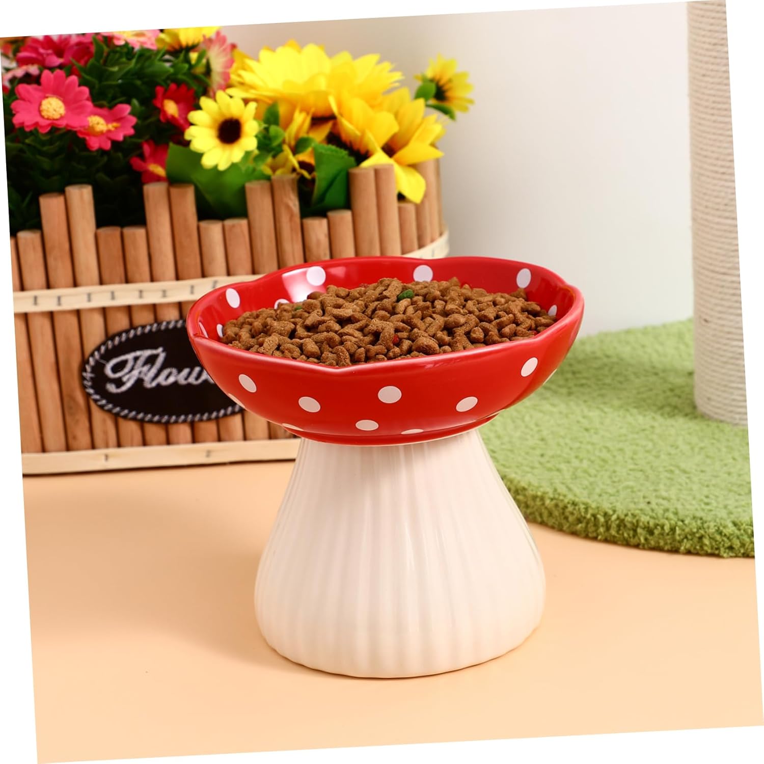 Yardwe Elevated Cat Bowl Raised Pet Bowl Wide Cat Feeder Ceramic Mushroom Shape Whisker Friendly Simple to