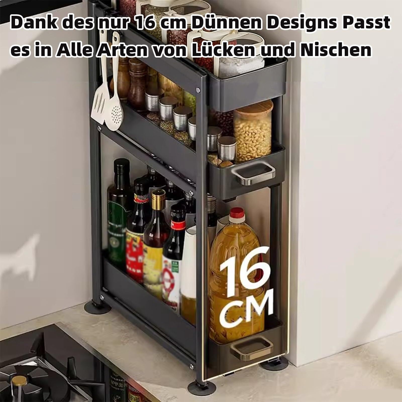 Metalowa półka kuchenna, 3-poziomowy stojak z boczną balustradą na oleje i przyprawy, idealny do kuchenki, szafki lub zlewu, wymiary 40 x 16 x 61 cm