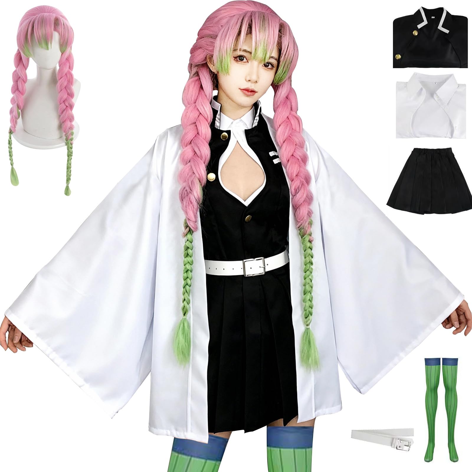 CHUNLEI Mitsuri Cosplay Costume Anime Kimono with Wig Kanroji Mitsuri Cosplay Halloween Set (White + Wig, L)