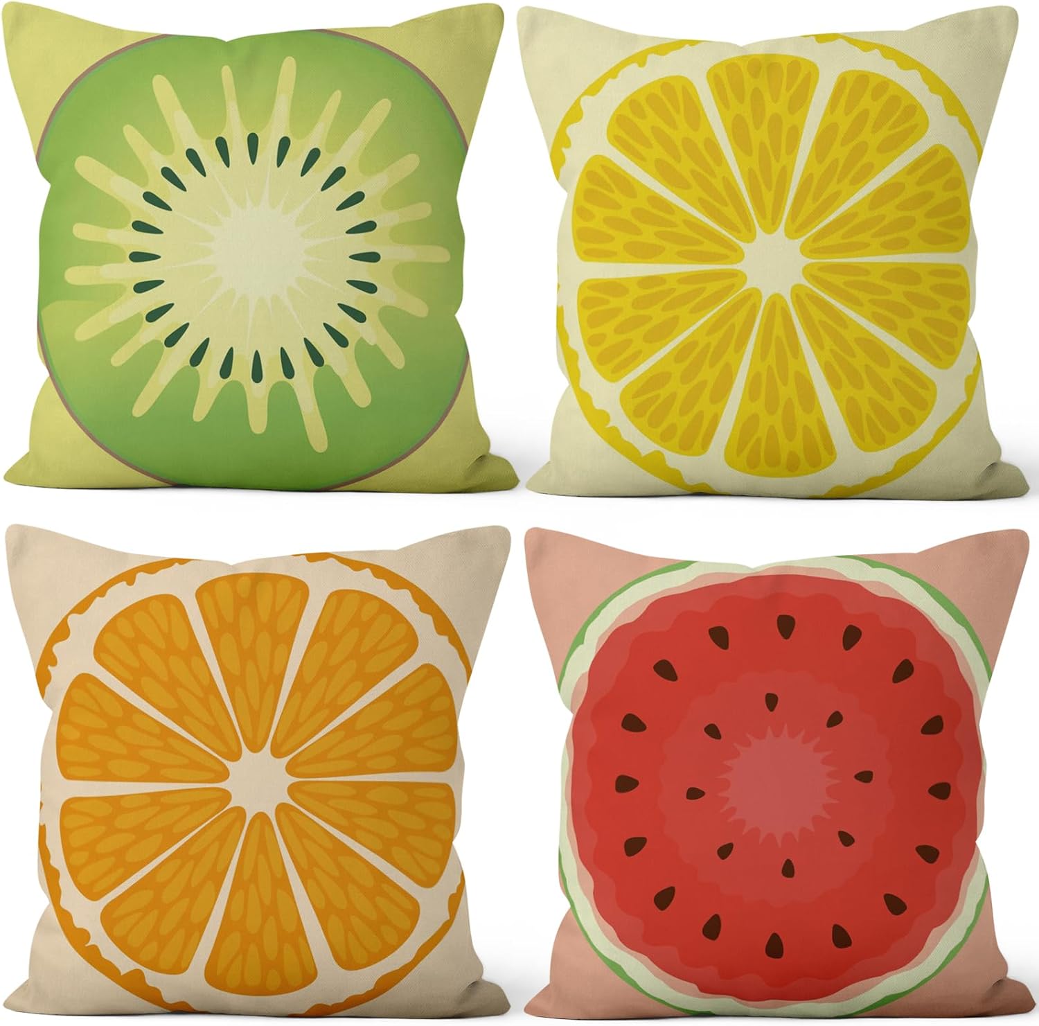 Summer Fruit Throw Pillow Covers 24''x24'' Set of 4, Lemon Watermelon Kiwifruit Orange Pillowcase Colorful Printed Cushion Covers for Couch Sofa Bedroom Farmhouse Garden Patio Decorative