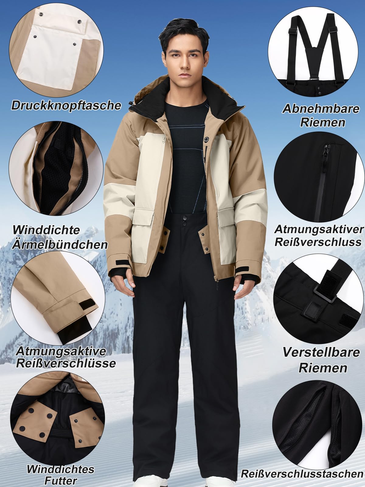 HOTIAN Conjunto de chaqueta y pantalones de esquí para hombre, transpirable, traje de esquí impermeable, resistente al viento, traje de nieve con capucha desmontable