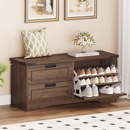 FATORRI Banco con almacenamiento para zapatos para entrada, bancos de madera con puerta abatible y cajones, gabinete organizador de zapatos para